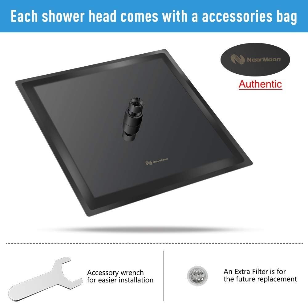 NearMoon Rain Shower Head, High Flow Stainless Steel Square Rainfall Shower, Waterfall Bath Shower Body Covering, Ceiling or Wall Mount (12 Inch, Matte Black)