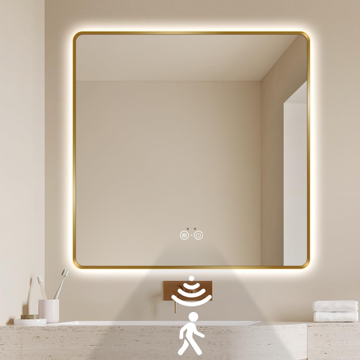 Gold LED Bathroom Mirror, 36"x28" Smart Mirror with Infrared Motion Sensor Lights, Anti Fog, Stepless Dimmable & Color Temperature Adjustment, Wall Mounted Vanity Mirror Backlit, CRI≥93