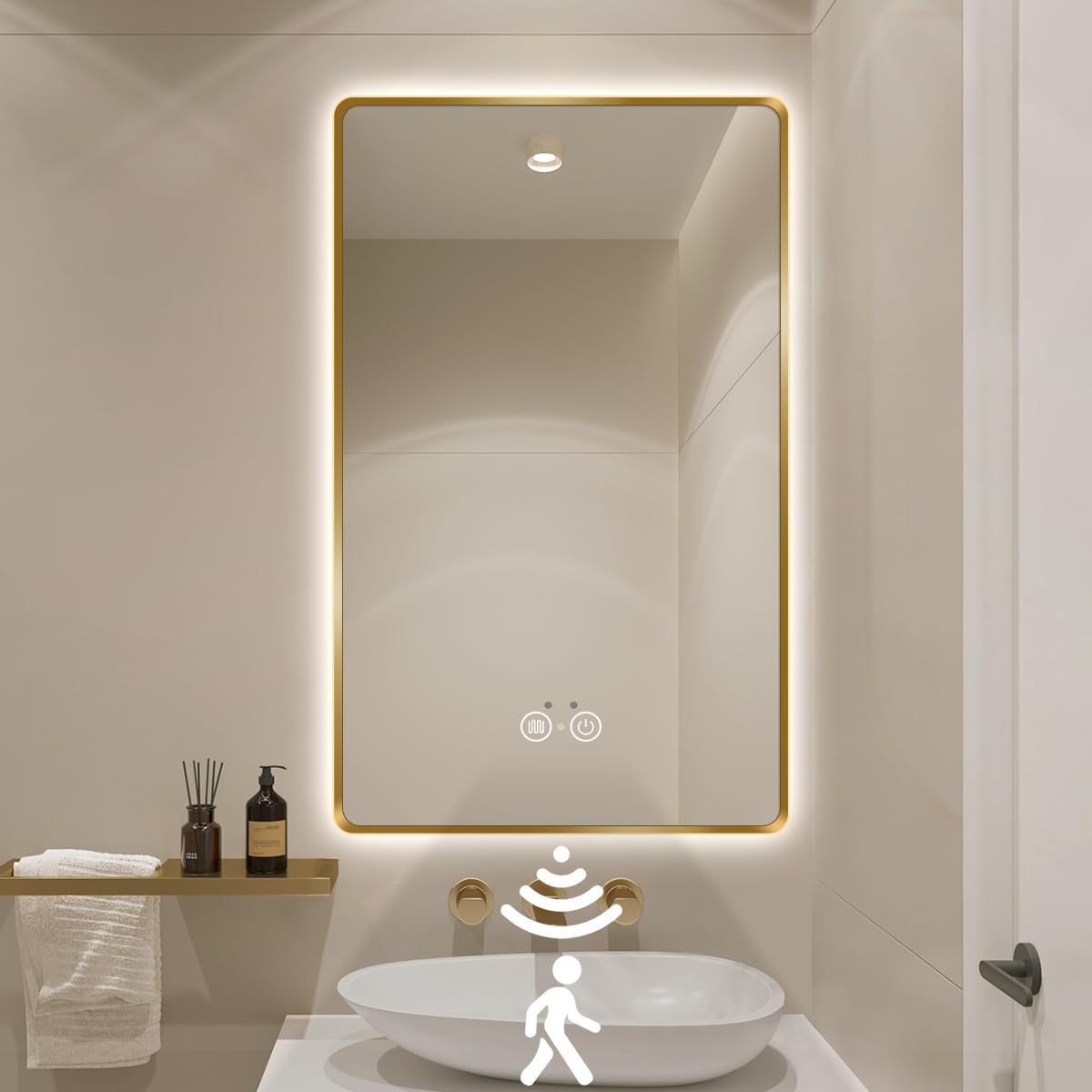 Gold LED Bathroom Mirror, 36"x28" Smart Mirror with Infrared Motion Sensor Lights, Anti Fog, Stepless Dimmable & Color Temperature Adjustment, Wall Mounted Vanity Mirror Backlit, CRI≥93