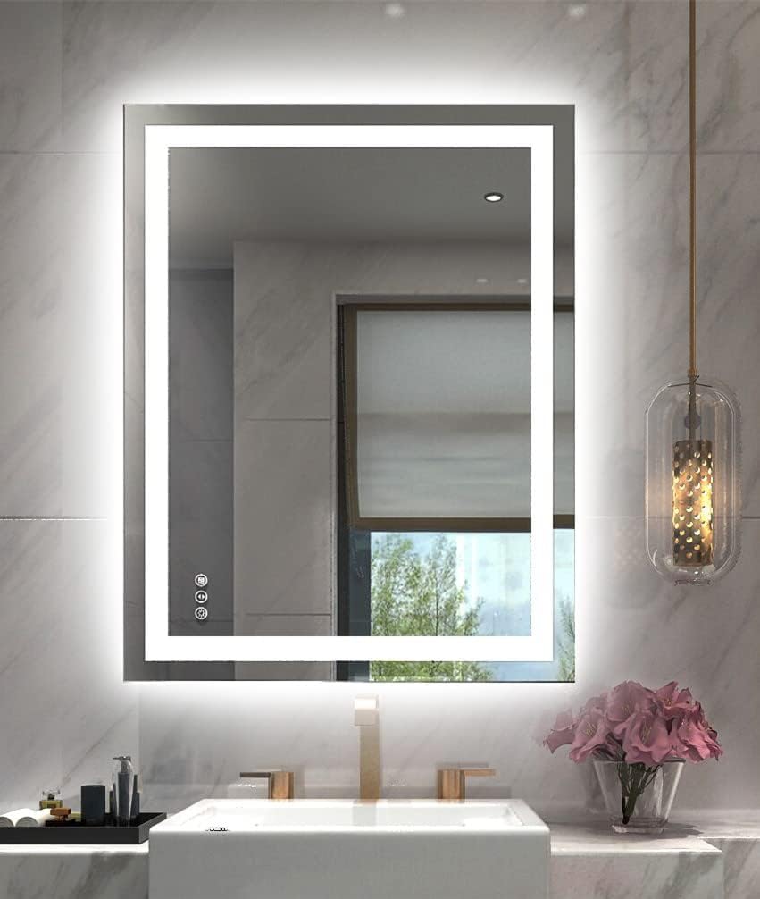 Amorho LED Bathroom Mirror 40"X32" with Front and Backlit, Stepless Dimmable Wall Mirrors with Anti-Fog, Shatter-Proof, Memory, 3 Colors, Double LED Vanity Mirror (Horizontal/Vertical)
