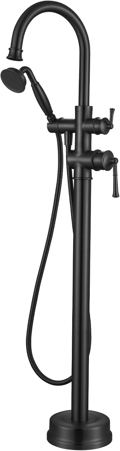 Freestanding Bathtub Faucet, Floor Mount Tub Faucet Brushed Gold High Flow Tub Filler, Roman Tub Faucet with Antique Handheld, Swivel Gooseneck Spout Shower Mixer Taps (B2311-BG)