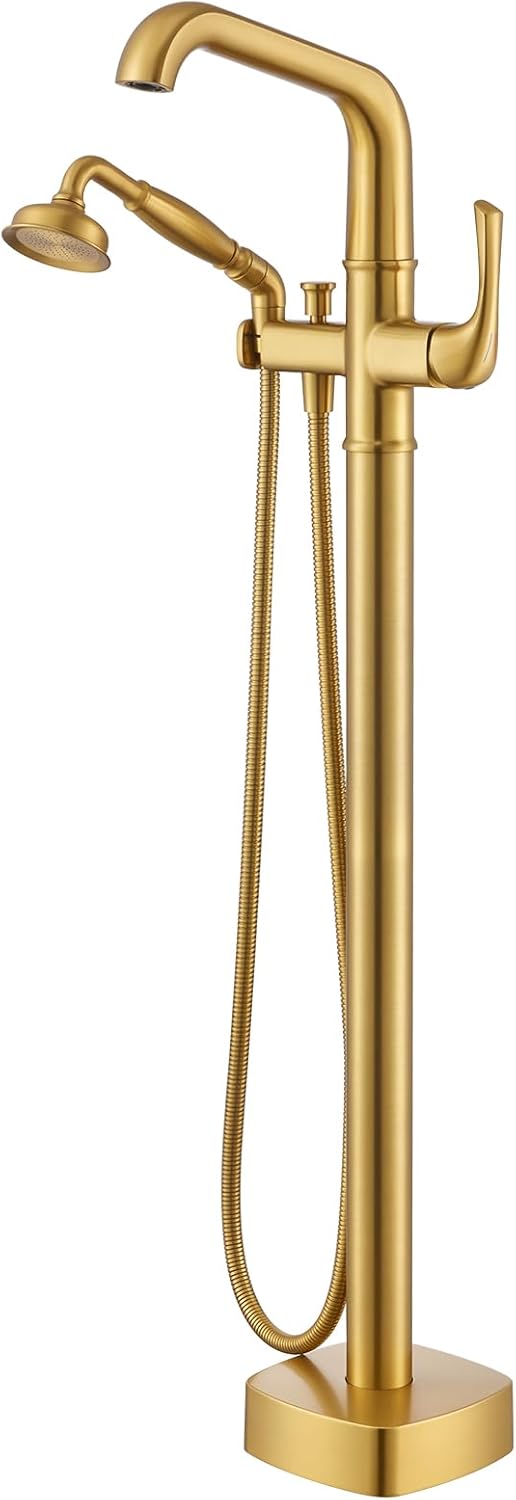 Luxury Free Standing Tub Faucet, Classic Brass Freestanding Bathtub Faucet, Lexdale Bathroom Floor Mount Tub Filler with handheld Sprayer Supply Lines Included Brushed Gold (LD8911-BG)