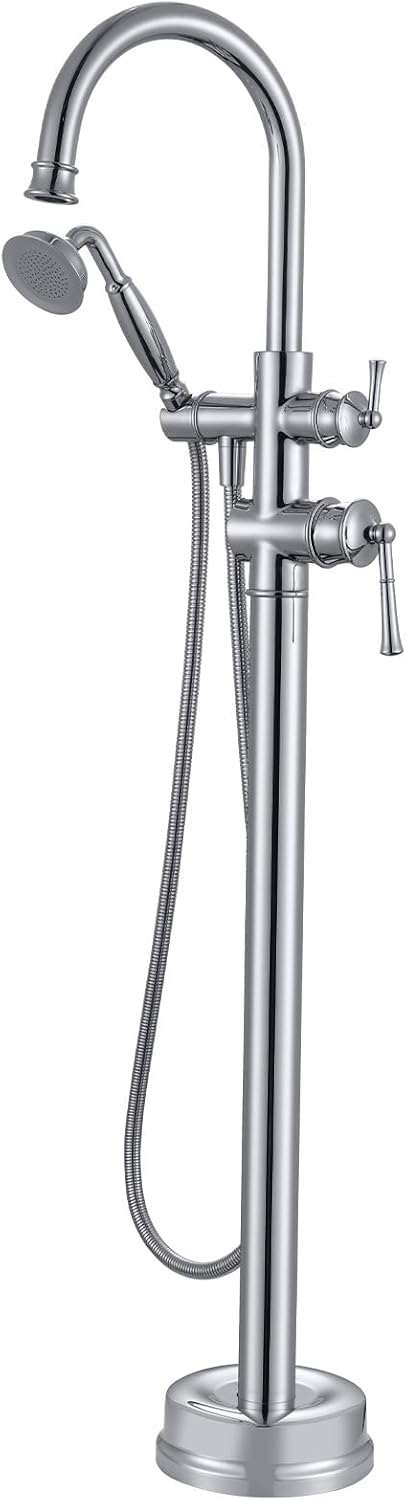 Freestanding Bathtub Faucet, Floor Mount Tub Faucet Brushed Gold High Flow Tub Filler, Roman Tub Faucet with Antique Handheld, Swivel Gooseneck Spout Shower Mixer Taps (B2311-BG)