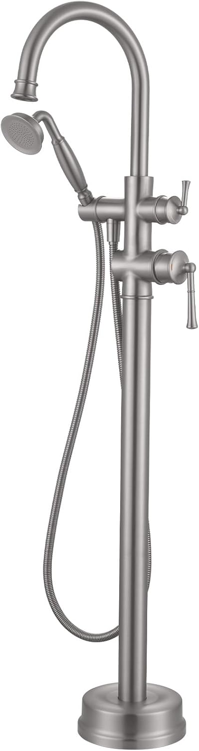 Freestanding Bathtub Faucet, Floor Mount Tub Faucet Brushed Gold High Flow Tub Filler, Roman Tub Faucet with Antique Handheld, Swivel Gooseneck Spout Shower Mixer Taps (B2311-BG)