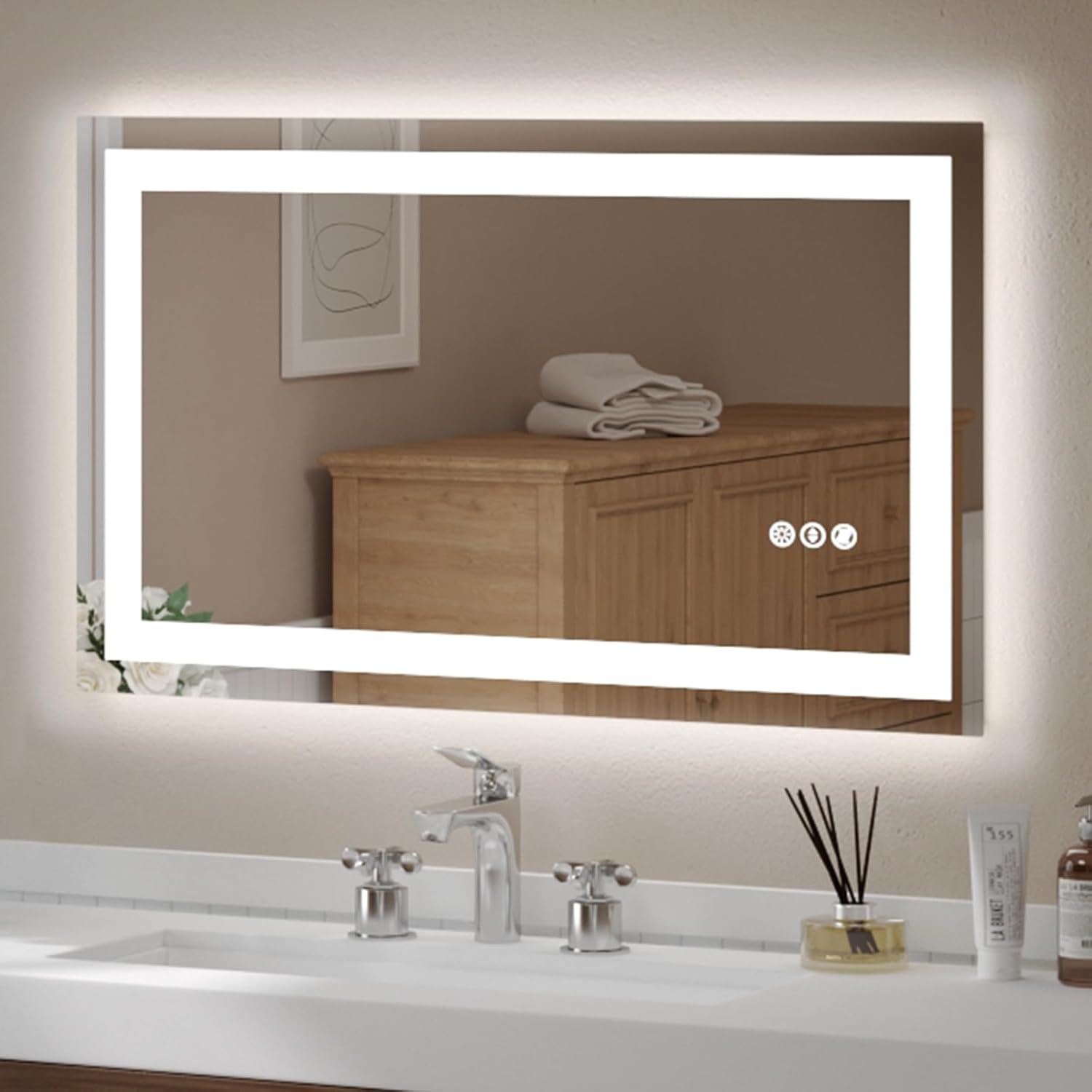 USHOWER LED Bathroom Mirror 24x32 Inch Tempered Glass - Frameless LED Backlit Lighted Mirror for Bathroom Vanity with Anti-Fog, 3 Colors Dimmable, Memory Function, Wall-Mounted