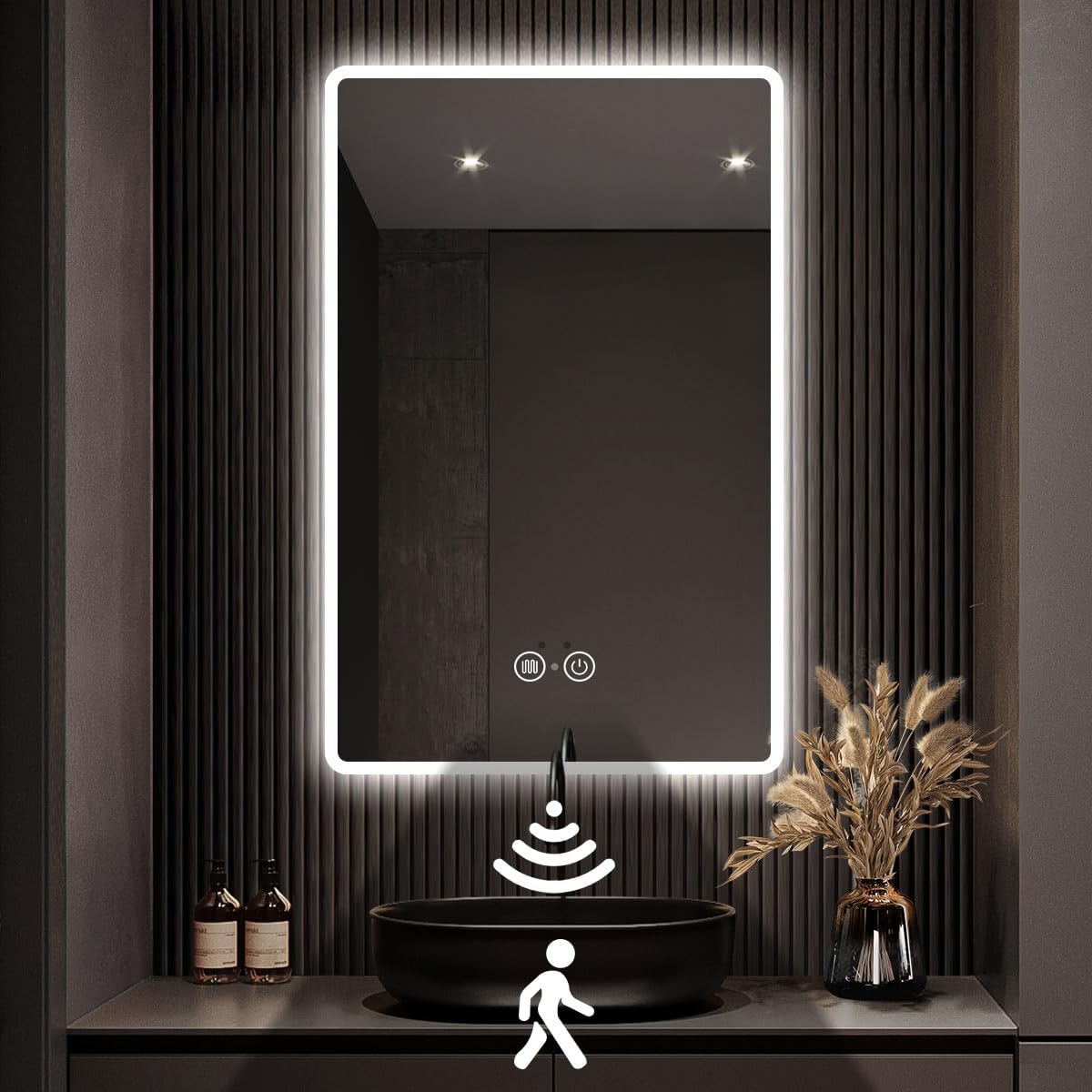 Gold LED Bathroom Mirror, 36"x28" Smart Mirror with Infrared Motion Sensor Lights, Anti Fog, Stepless Dimmable & Color Temperature Adjustment, Wall Mounted Vanity Mirror Backlit, CRI≥93