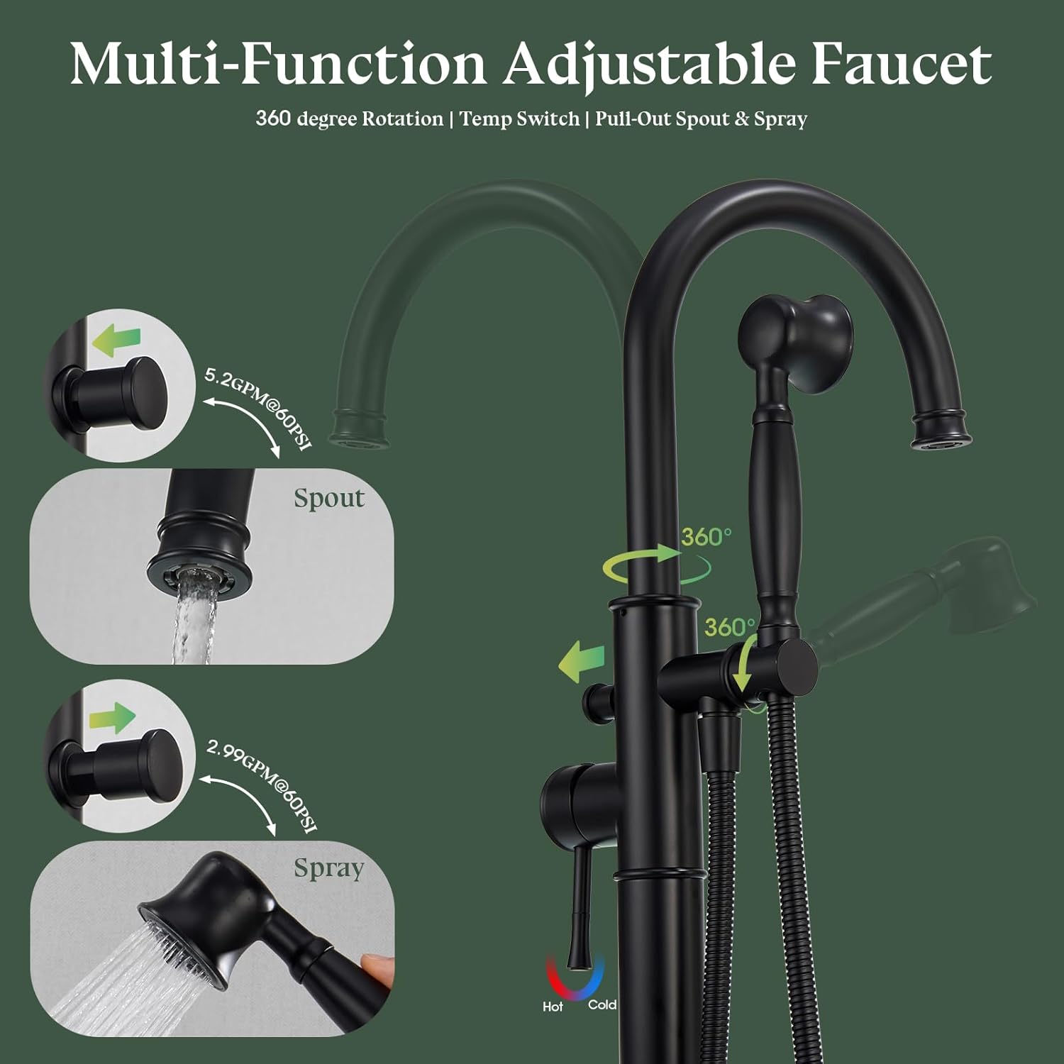 Free Standing Tub Faucet, Wintap Classic Freestanding Bathtub Faucet with Sprayer Brass Elegant Floor Mount Bath Faucets High Flow Roman Tub Filler, Matte Black （WT-3311BK）