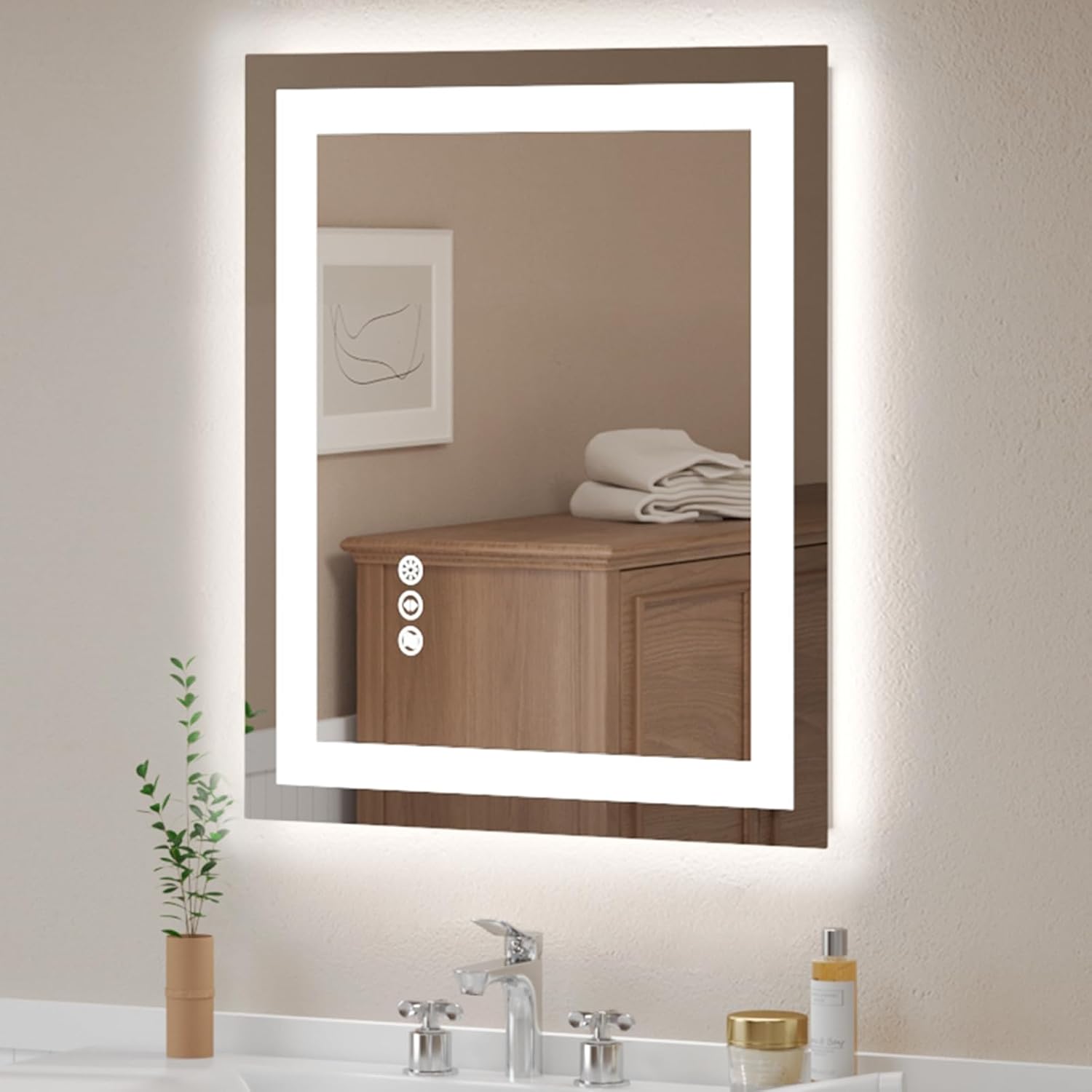 USHOWER LED Bathroom Mirror 24x32 Inch Tempered Glass - Frameless LED Backlit Lighted Mirror for Bathroom Vanity with Anti-Fog, 3 Colors Dimmable, Memory Function, Wall-Mounted