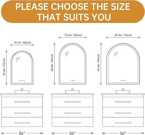 Arched LED Bathroom Mirror 24"x36", Black Bathroom Mirror with Lights-Anti-Fog, Dimmable-LED Mirror for Bathroom,3 Colors