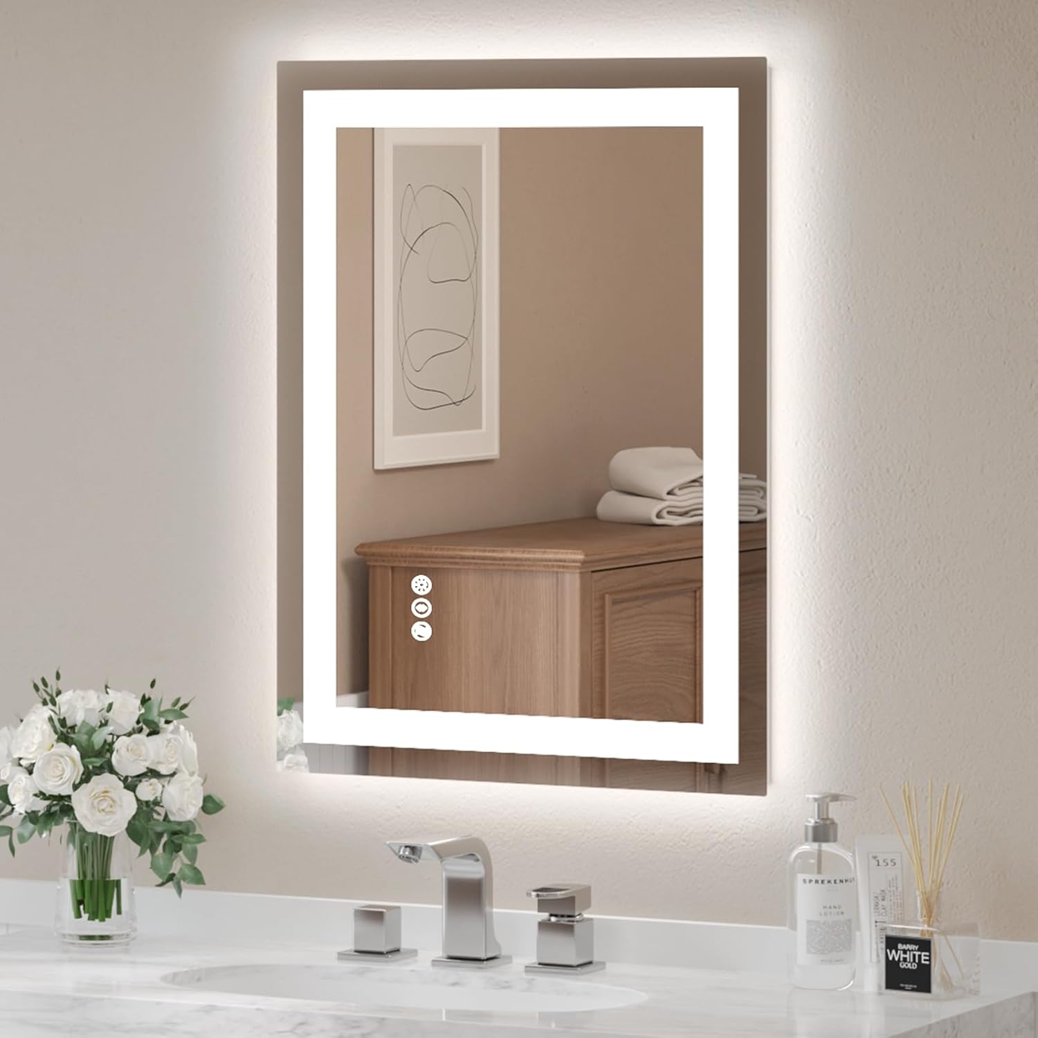 USHOWER LED Bathroom Mirror 24x32 Inch Tempered Glass - Frameless LED Backlit Lighted Mirror for Bathroom Vanity with Anti-Fog, 3 Colors Dimmable, Memory Function, Wall-Mounted