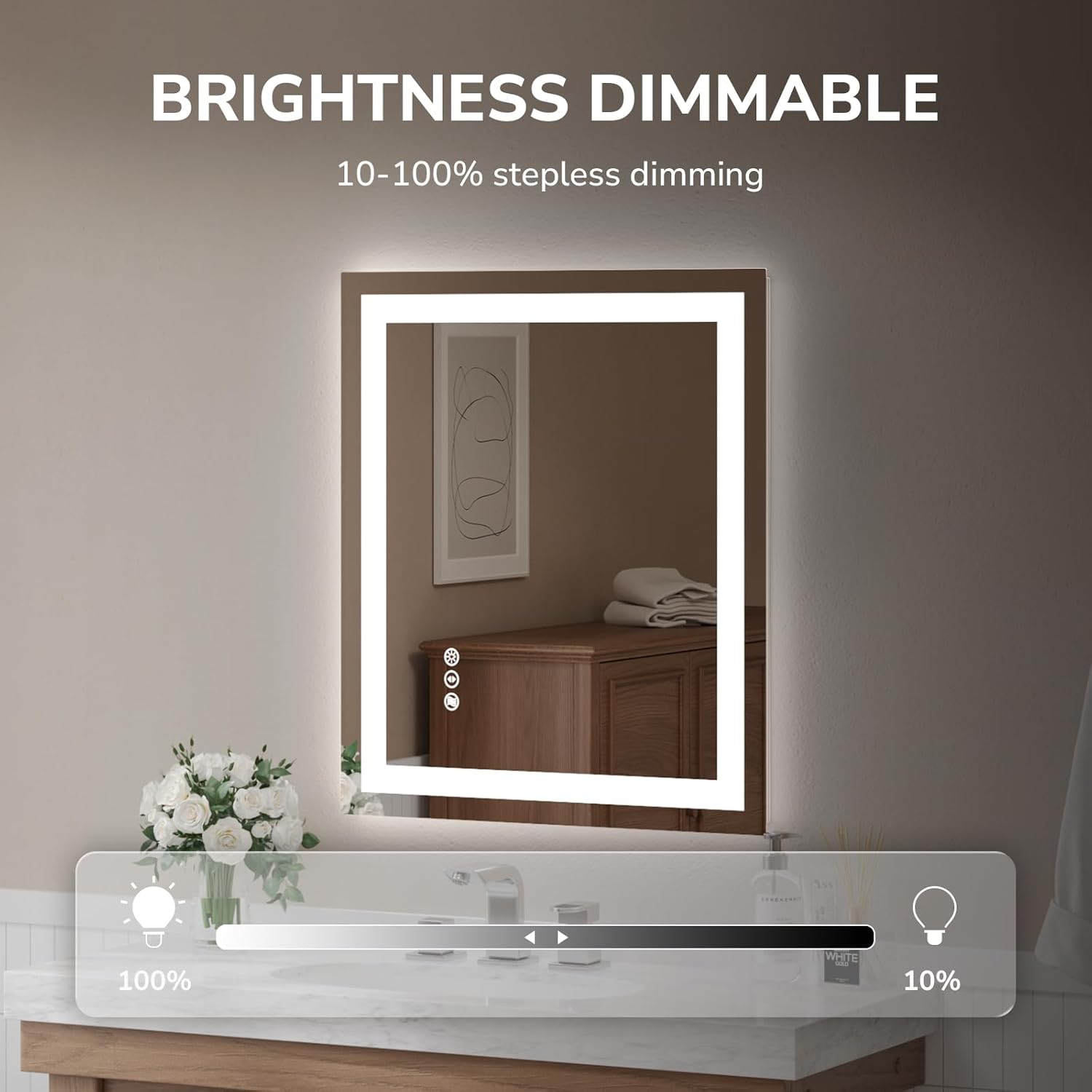 USHOWER LED Bathroom Mirror 24x32 Inch Tempered Glass - Frameless LED Backlit Lighted Mirror for Bathroom Vanity with Anti-Fog, 3 Colors Dimmable, Memory Function, Wall-Mounted