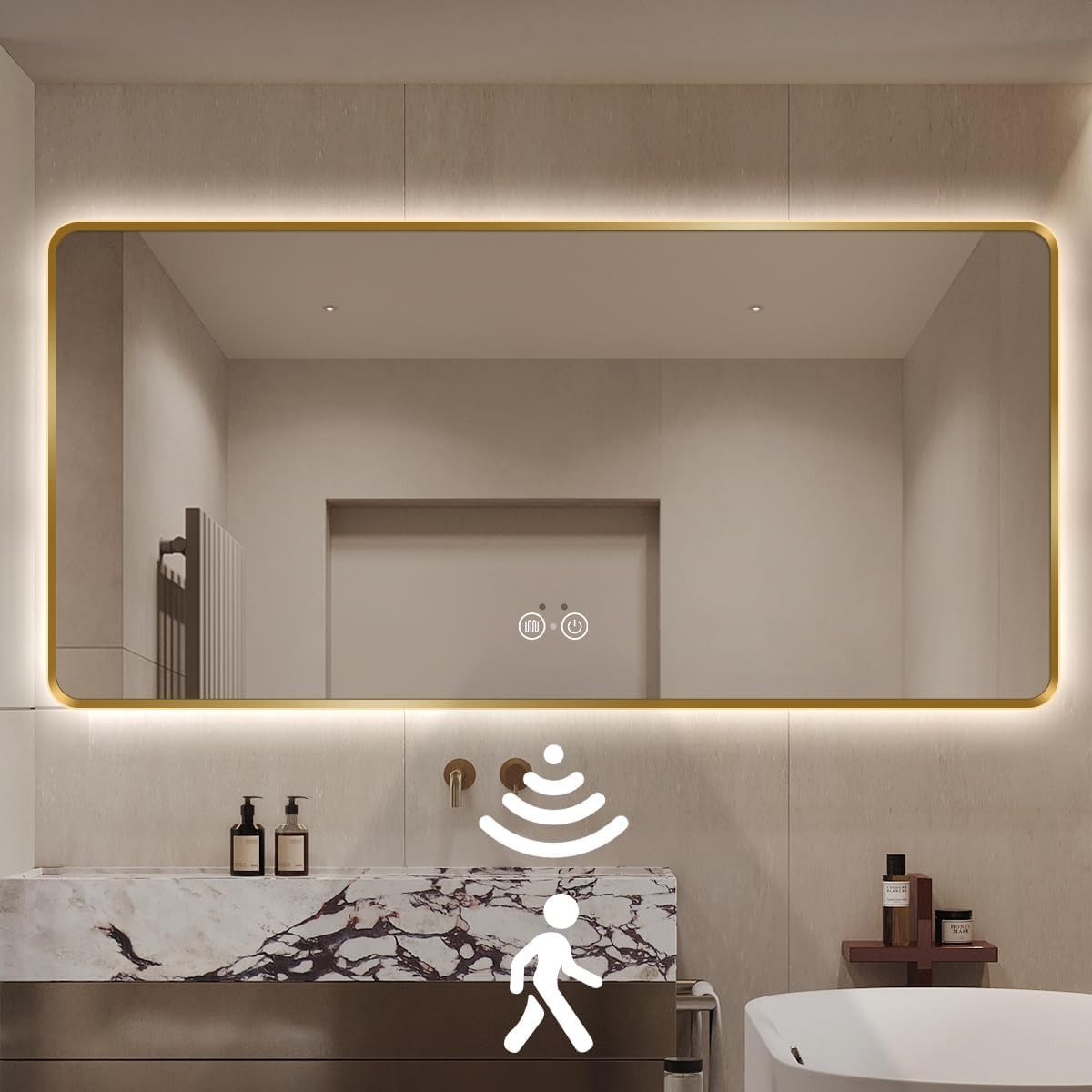 Gold LED Bathroom Mirror, 36"x28" Smart Mirror with Infrared Motion Sensor Lights, Anti Fog, Stepless Dimmable & Color Temperature Adjustment, Wall Mounted Vanity Mirror Backlit, CRI≥93