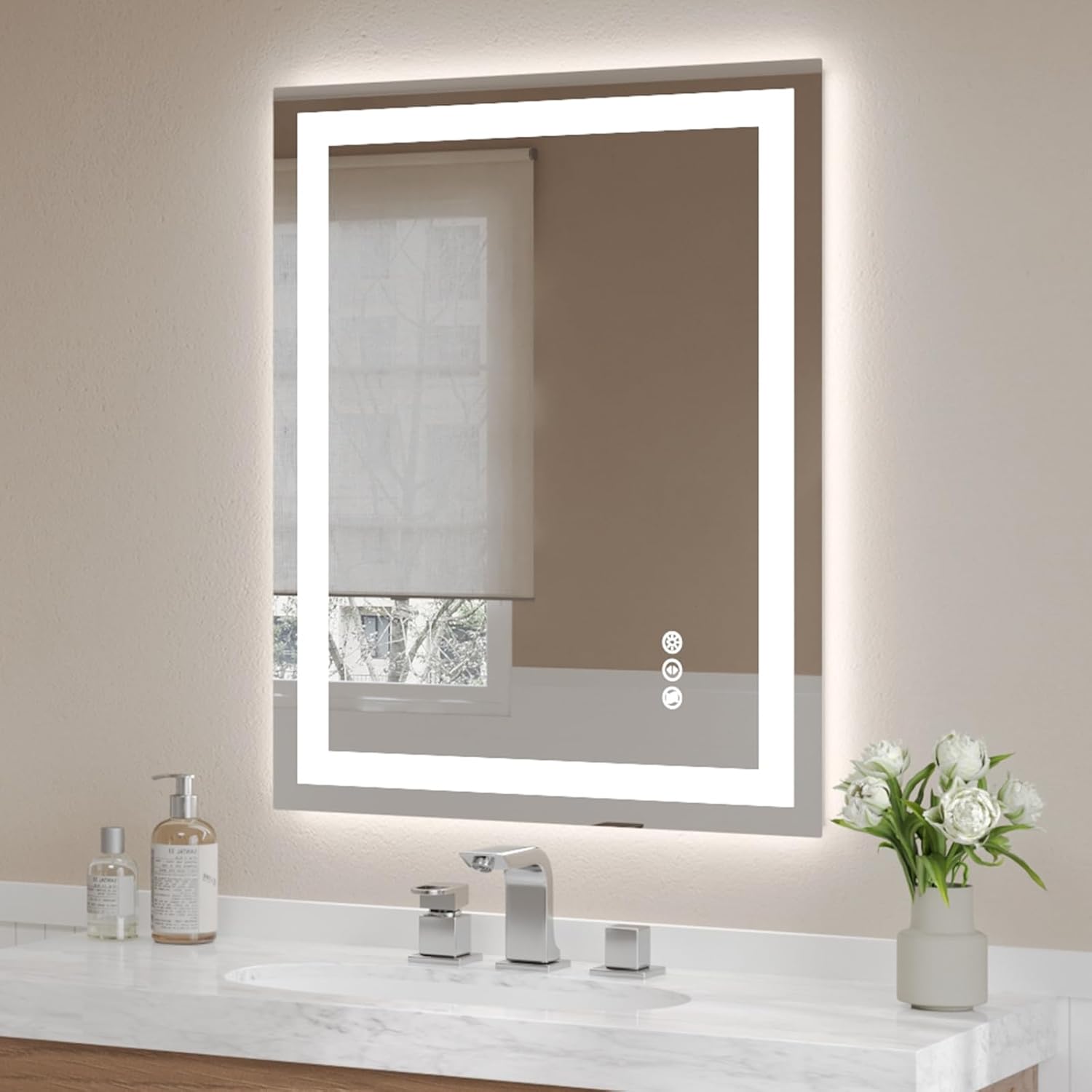USHOWER LED Bathroom Mirror 24x32 Inch Tempered Glass - Frameless LED Backlit Lighted Mirror for Bathroom Vanity with Anti-Fog, 3 Colors Dimmable, Memory Function, Wall-Mounted