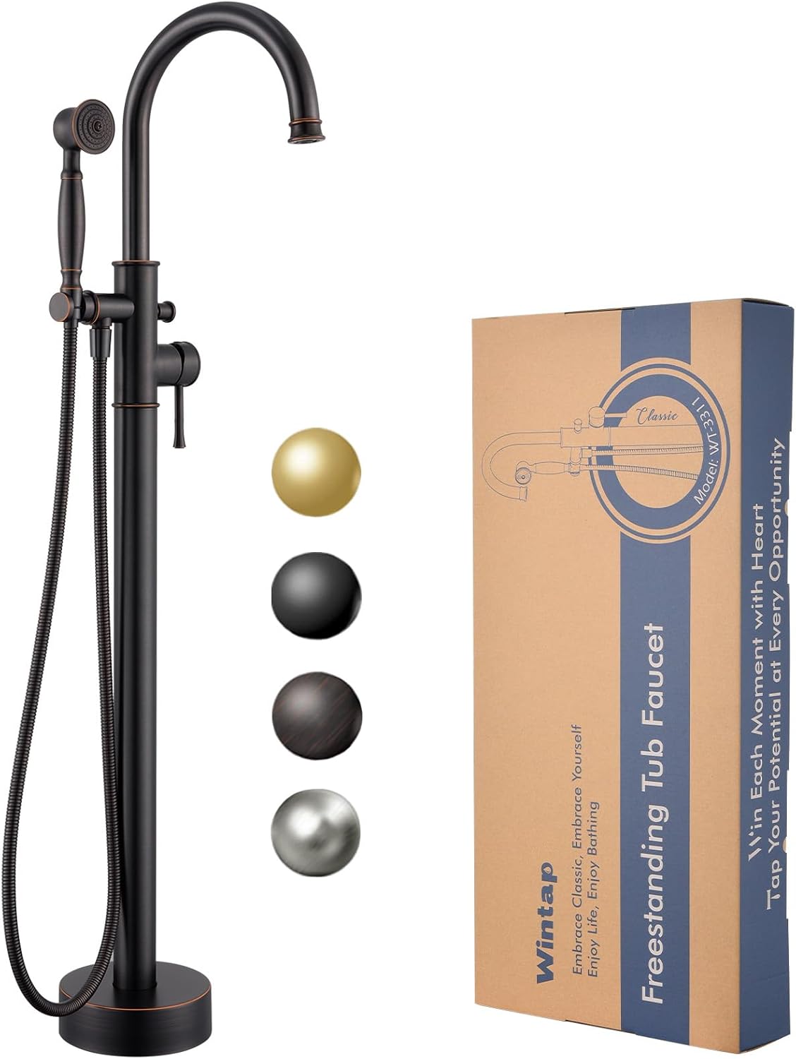 Free Standing Tub Faucet, Wintap Classic Freestanding Bathtub Faucet with Sprayer Brass Elegant Floor Mount Bath Faucets High Flow Roman Tub Filler, Matte Black （WT-3311BK）