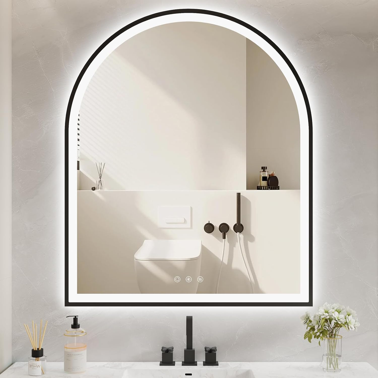 Arched LED Bathroom Mirror 24"x36", Black Bathroom Mirror with Lights-Anti-Fog, Dimmable-LED Mirror for Bathroom,3 Colors