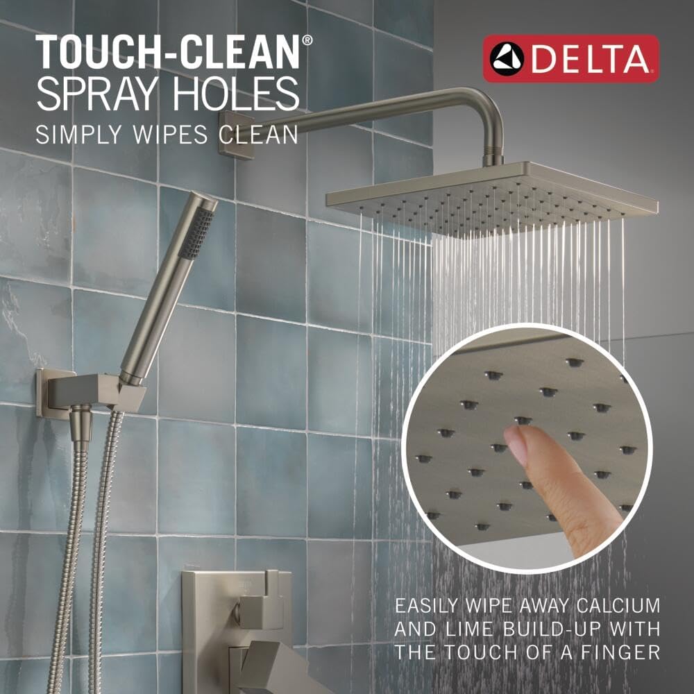 Delta Modern 14 Series Square Rain Shower System Faucet Set, Rainfall Brushed Nickel Shower Head and Handle Set, Valve Trim Kit, 10 Inch, Spotshield Stainless 342701-SP