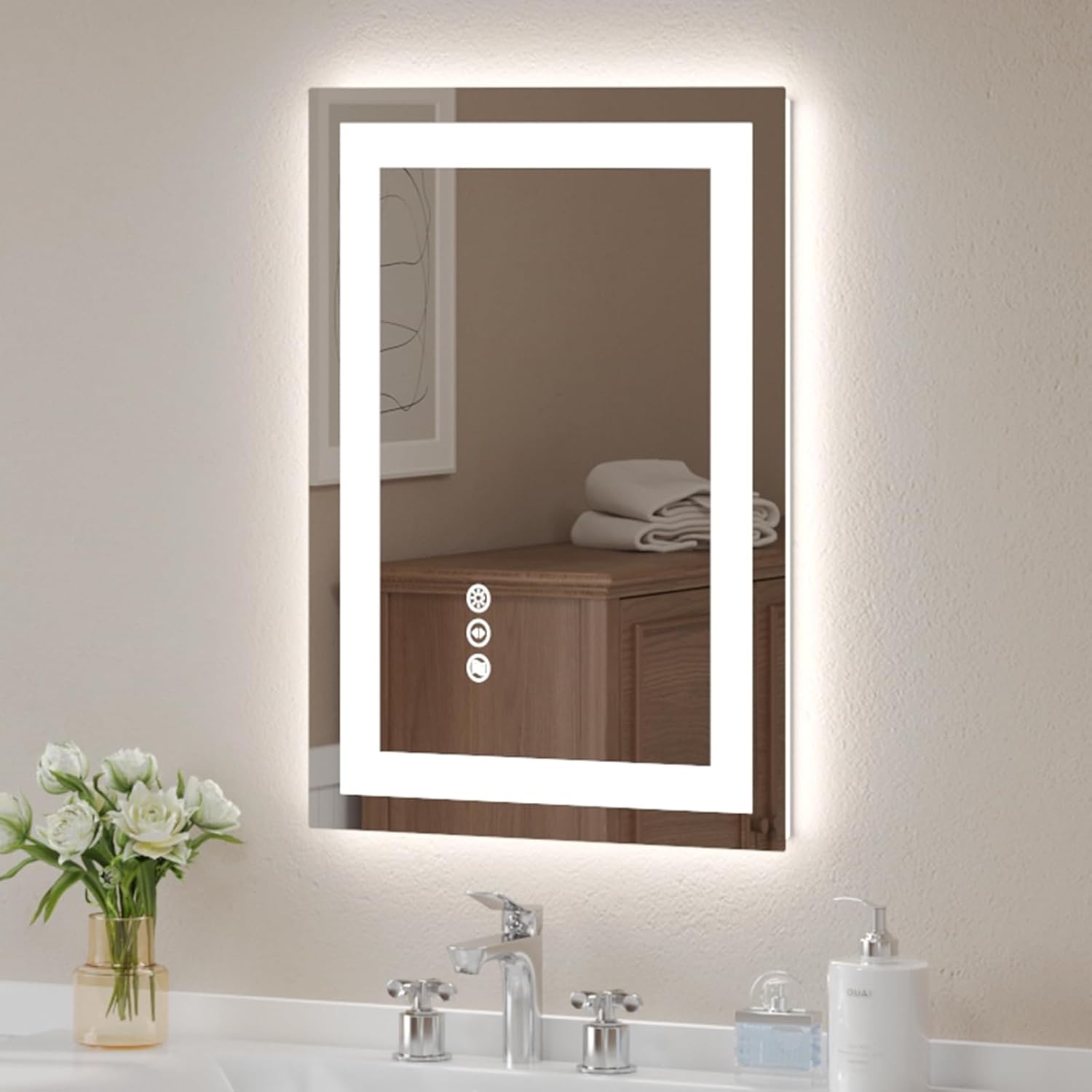 USHOWER LED Bathroom Mirror 24x32 Inch Tempered Glass - Frameless LED Backlit Lighted Mirror for Bathroom Vanity with Anti-Fog, 3 Colors Dimmable, Memory Function, Wall-Mounted