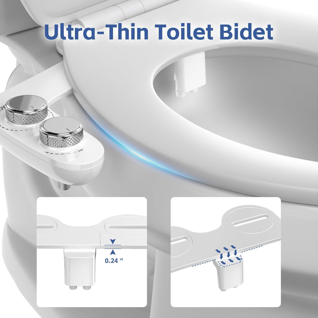 Bidet Attachment for Toilet, Self-Cleaning Dual Retractable Nozzles Bidet, Non-Electric Adjustable Water Pressure for Hygienic Rear & Feminine Wash, Easy Installation Ultra-Slim (White)