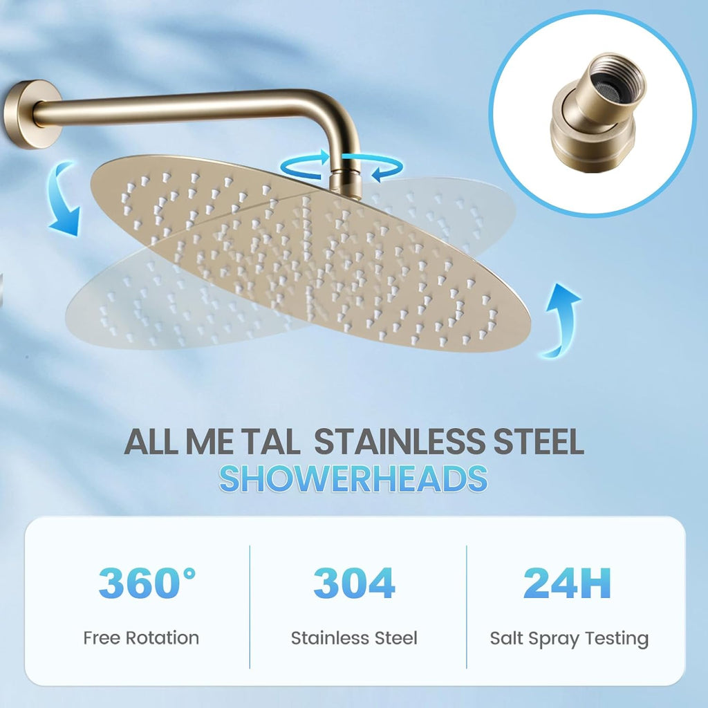 12 inch Brushed Gold Rainfall Shower Head - All Metal Stainless Steel Full Body Round Rain Shower with 120 Silicone Nozzles Modern Bathroom
