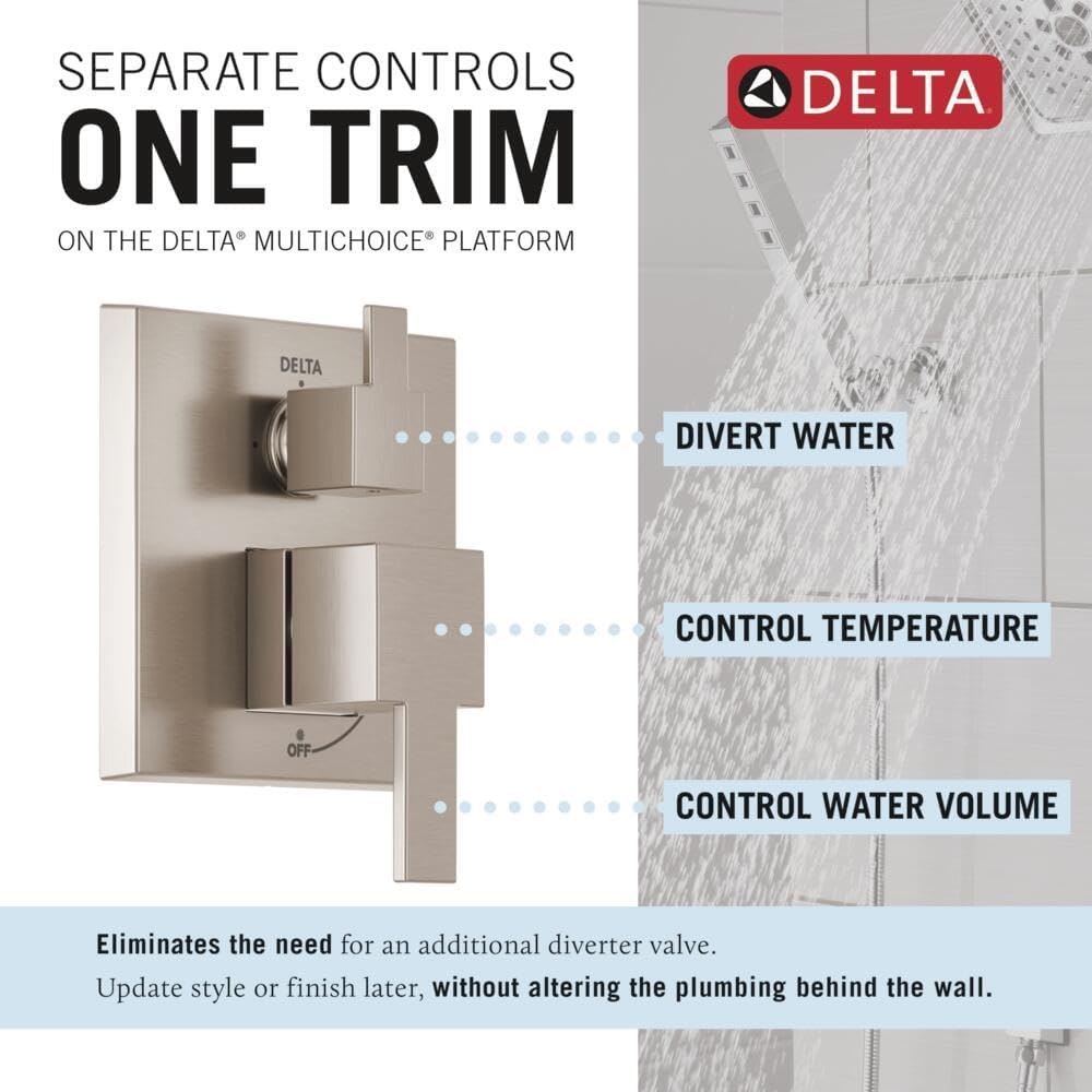 Delta Modern 14 Series Square Rain Shower System Faucet Set, Rainfall Brushed Nickel Shower Head and Handle Set, Valve Trim Kit, 10 Inch, Spotshield Stainless 342701-SP