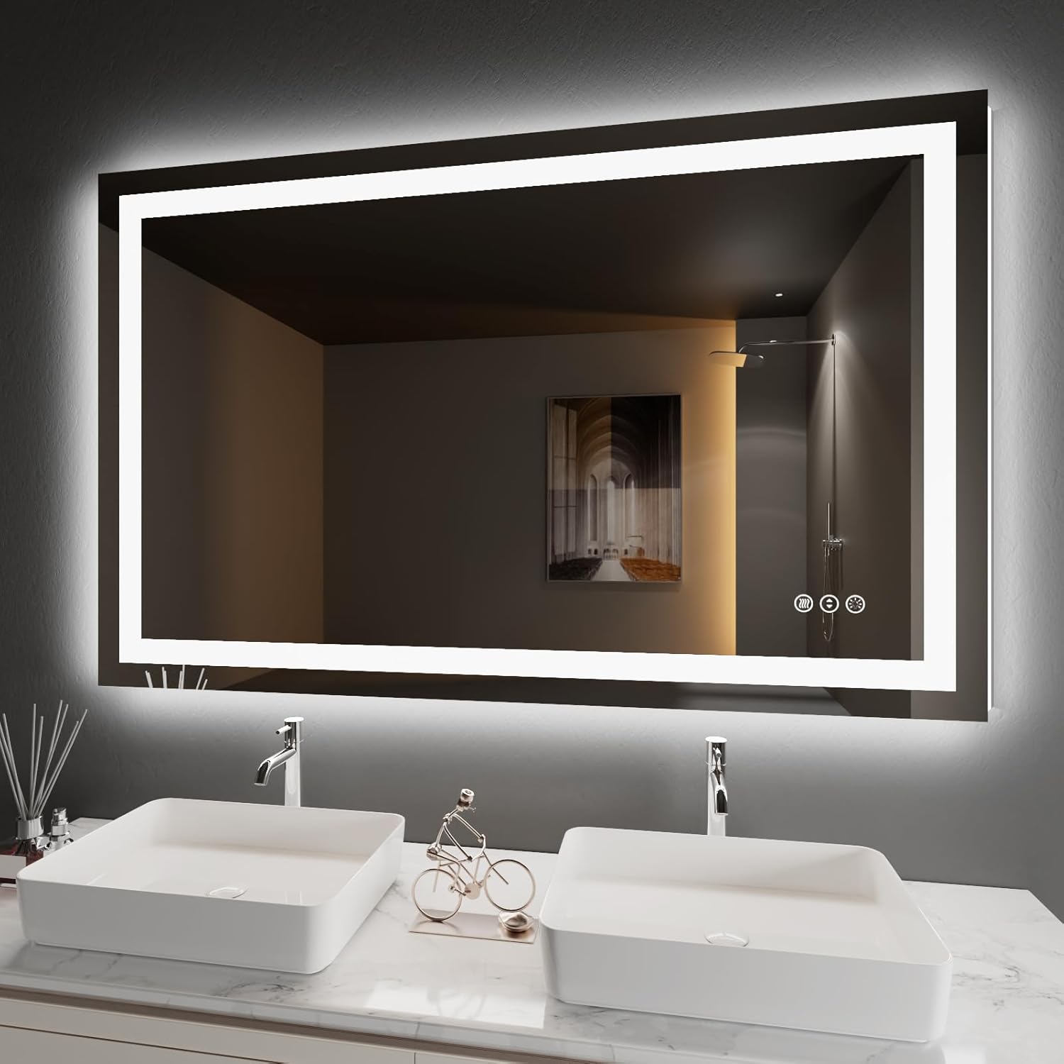 Amorho LED Bathroom Mirror 40"X32" with Front and Backlit, Stepless Dimmable Wall Mirrors with Anti-Fog, Shatter-Proof, Memory, 3 Colors, Double LED Vanity Mirror (Horizontal/Vertical)