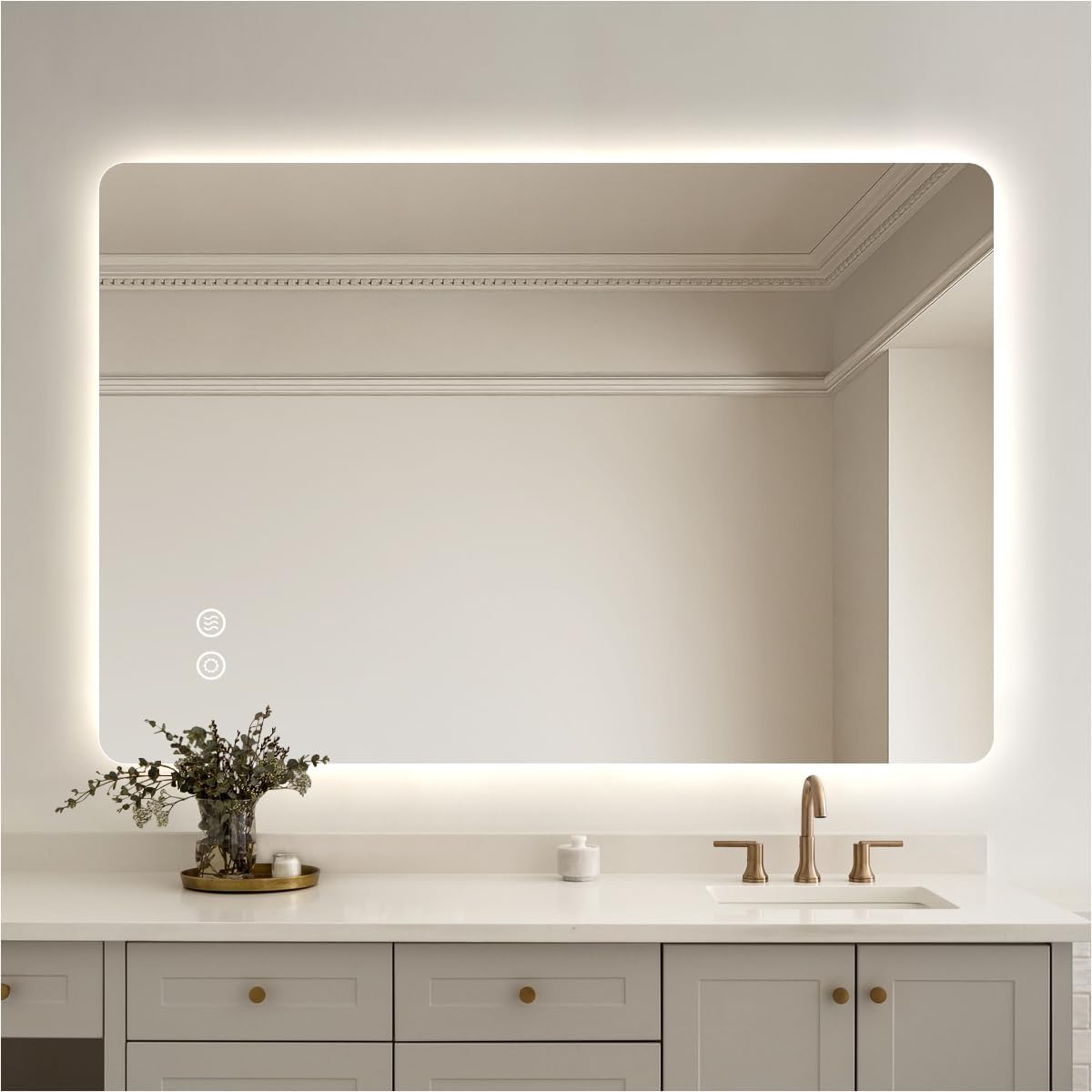 Gold LED Bathroom Mirror, 36"x28" Smart Mirror with Infrared Motion Sensor Lights, Anti Fog, Stepless Dimmable & Color Temperature Adjustment, Wall Mounted Vanity Mirror Backlit, CRI≥93