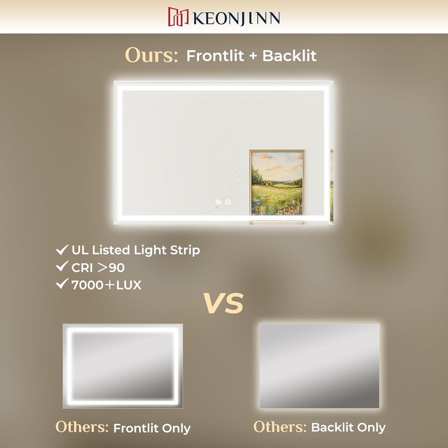 Keonjinn 24x36 Inch Beveled Lighted Bathroom Mirrors with Frontlit & Backlit, LED Bathroom Mirror with Light Dimmable 3-Color Lights, Anti-Fog Vanity Mirror with Tempered Glass, UL-Listed LED Driver