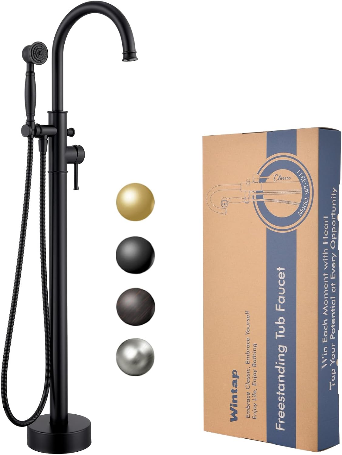 Free Standing Tub Faucet, Wintap Classic Freestanding Bathtub Faucet with Sprayer Brass Elegant Floor Mount Bath Faucets High Flow Roman Tub Filler, Matte Black （WT-3311BK）