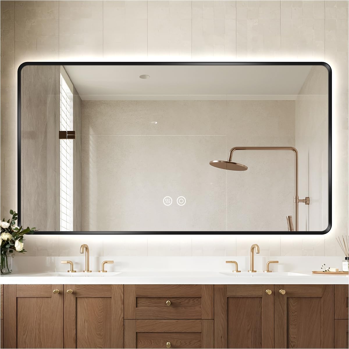 Gold LED Bathroom Mirror, 36"x28" Smart Mirror with Infrared Motion Sensor Lights, Anti Fog, Stepless Dimmable & Color Temperature Adjustment, Wall Mounted Vanity Mirror Backlit, CRI≥93