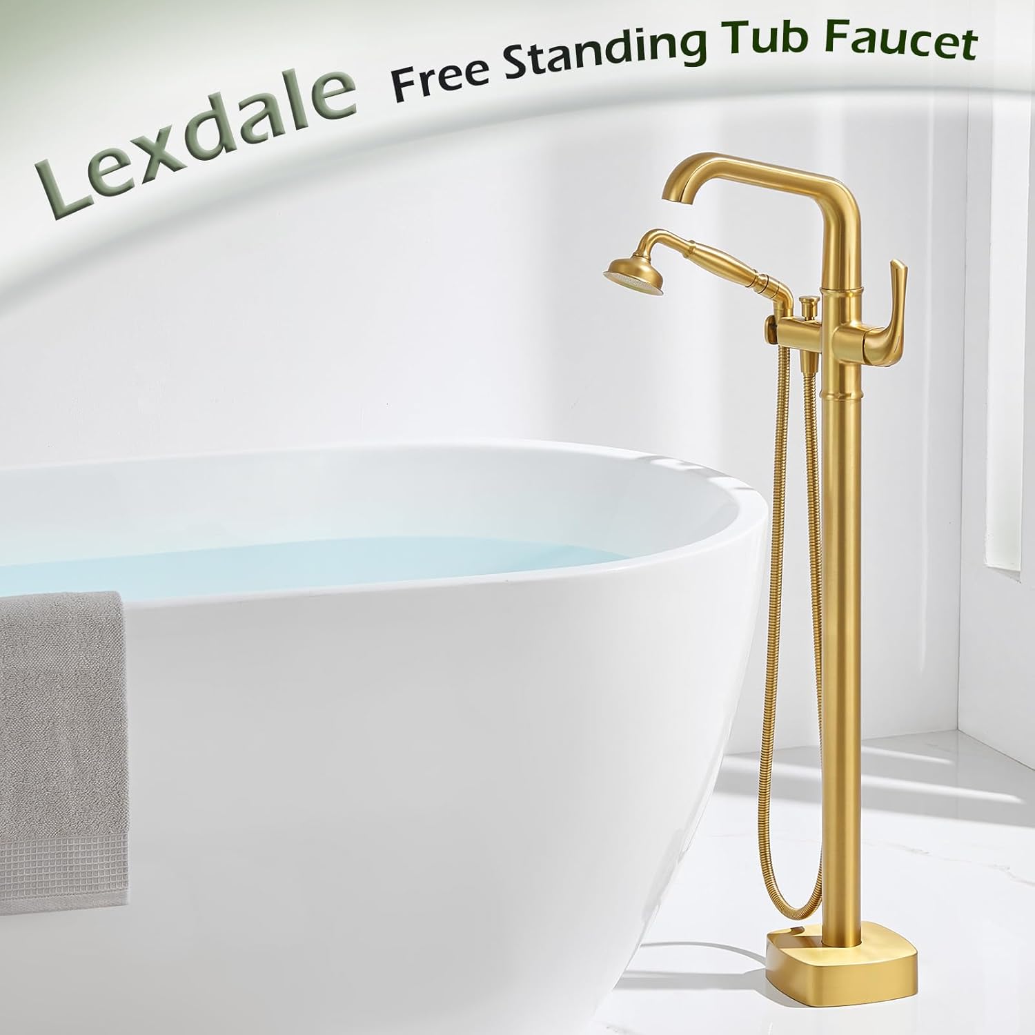 Luxury Free Standing Tub Faucet, Classic Brass Freestanding Bathtub Faucet, Lexdale Bathroom Floor Mount Tub Filler with handheld Sprayer Supply Lines Included Brushed Gold (LD8911-BG)