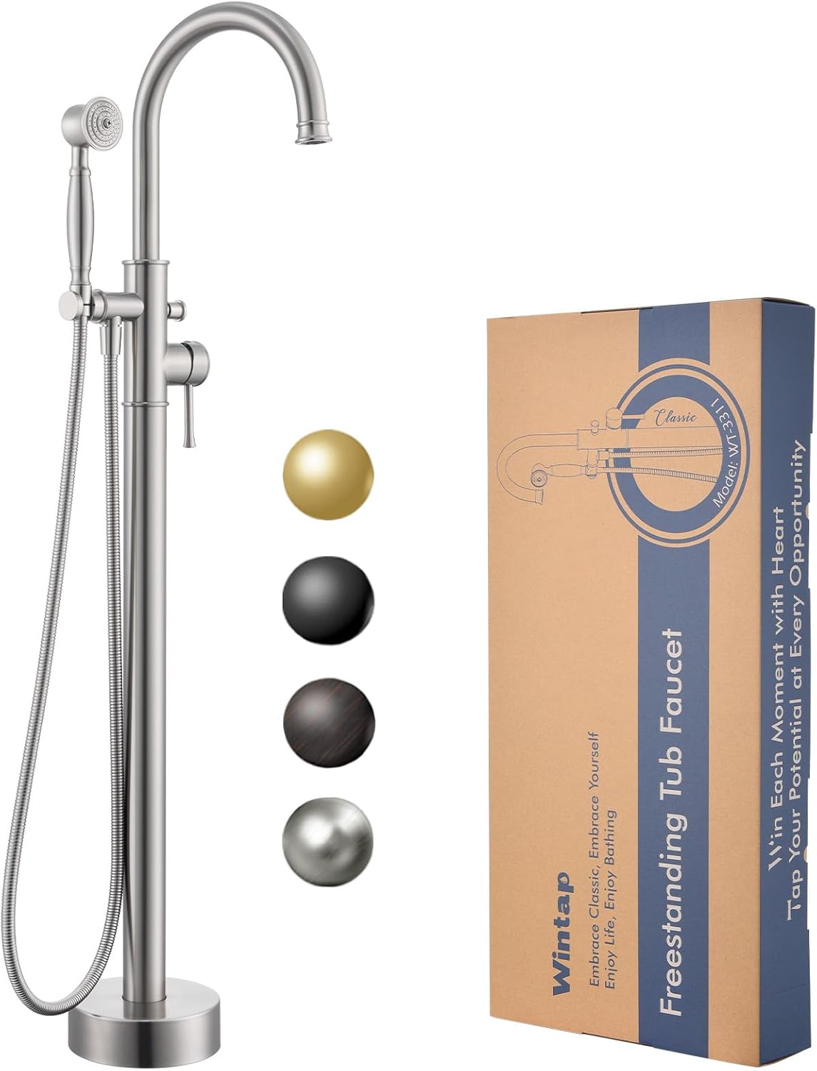 Free Standing Tub Faucet, Wintap Classic Freestanding Bathtub Faucet with Sprayer Brass Elegant Floor Mount Bath Faucets High Flow Roman Tub Filler, Matte Black （WT-3311BK）