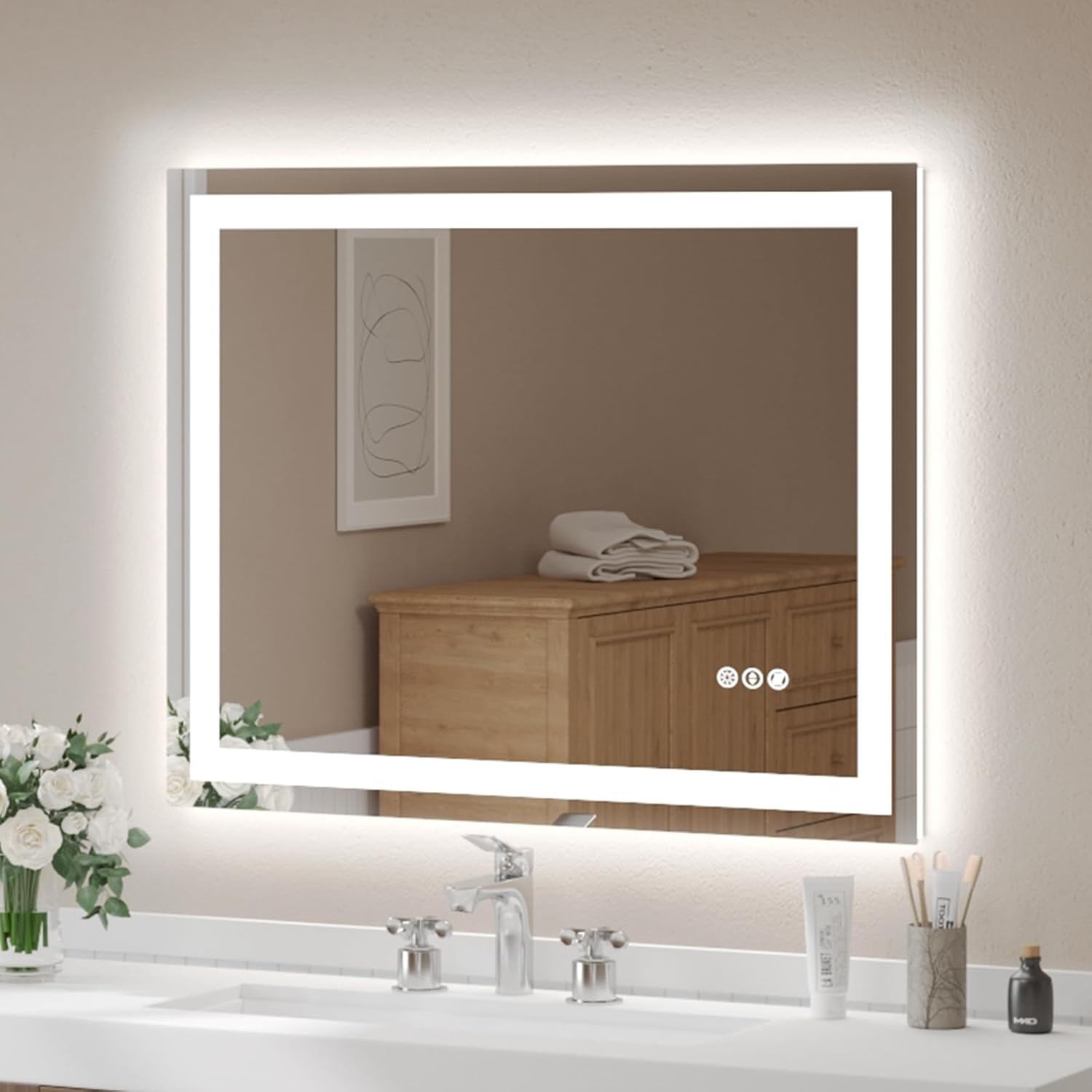 USHOWER LED Bathroom Mirror 24x32 Inch Tempered Glass - Frameless LED Backlit Lighted Mirror for Bathroom Vanity with Anti-Fog, 3 Colors Dimmable, Memory Function, Wall-Mounted