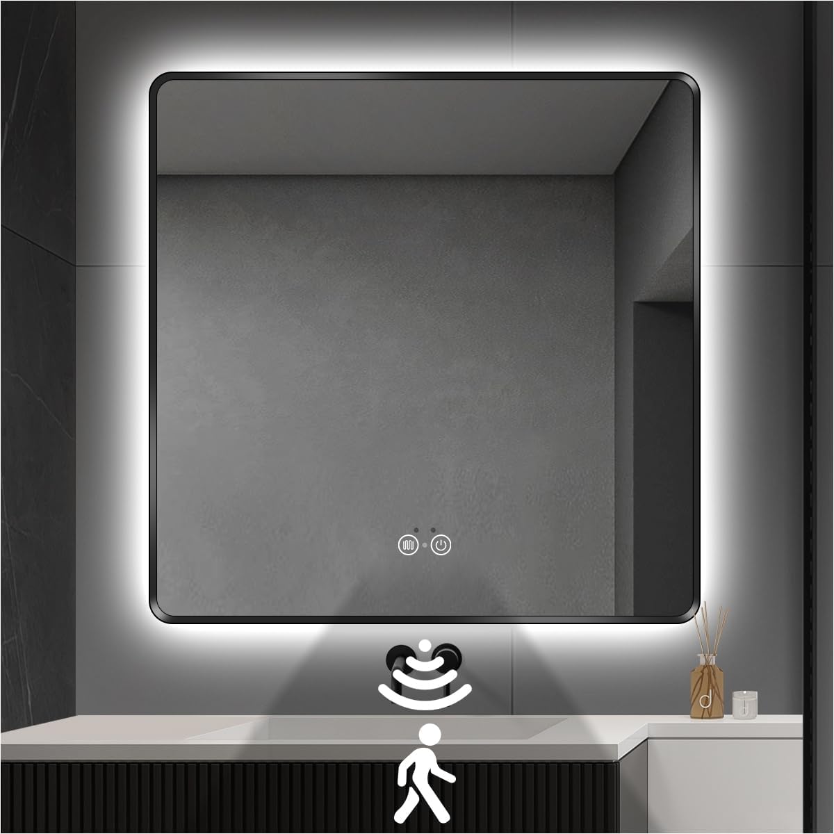 Gold LED Bathroom Mirror, 36"x28" Smart Mirror with Infrared Motion Sensor Lights, Anti Fog, Stepless Dimmable & Color Temperature Adjustment, Wall Mounted Vanity Mirror Backlit, CRI≥93