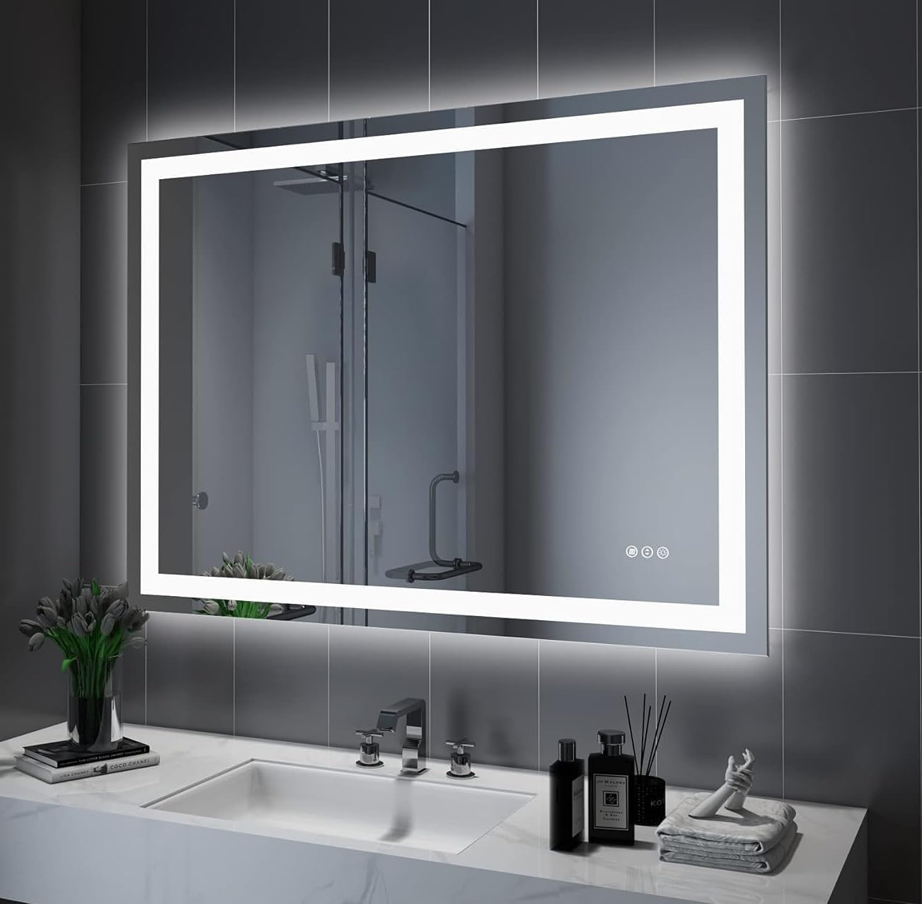 Amorho LED Bathroom Mirror 40"X32" with Front and Backlit, Stepless Dimmable Wall Mirrors with Anti-Fog, Shatter-Proof, Memory, 3 Colors, Double LED Vanity Mirror (Horizontal/Vertical)