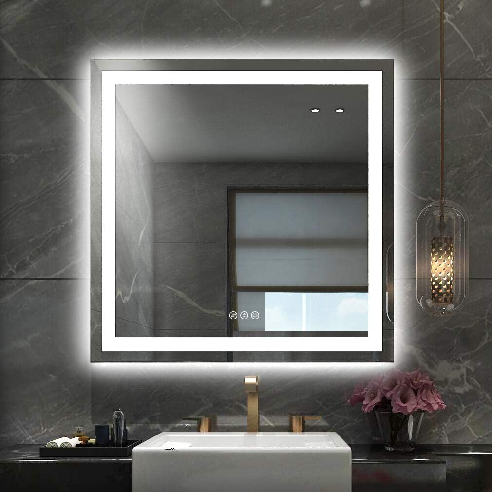 Amorho LED Bathroom Mirror 40"X32" with Front and Backlit, Stepless Dimmable Wall Mirrors with Anti-Fog, Shatter-Proof, Memory, 3 Colors, Double LED Vanity Mirror (Horizontal/Vertical)