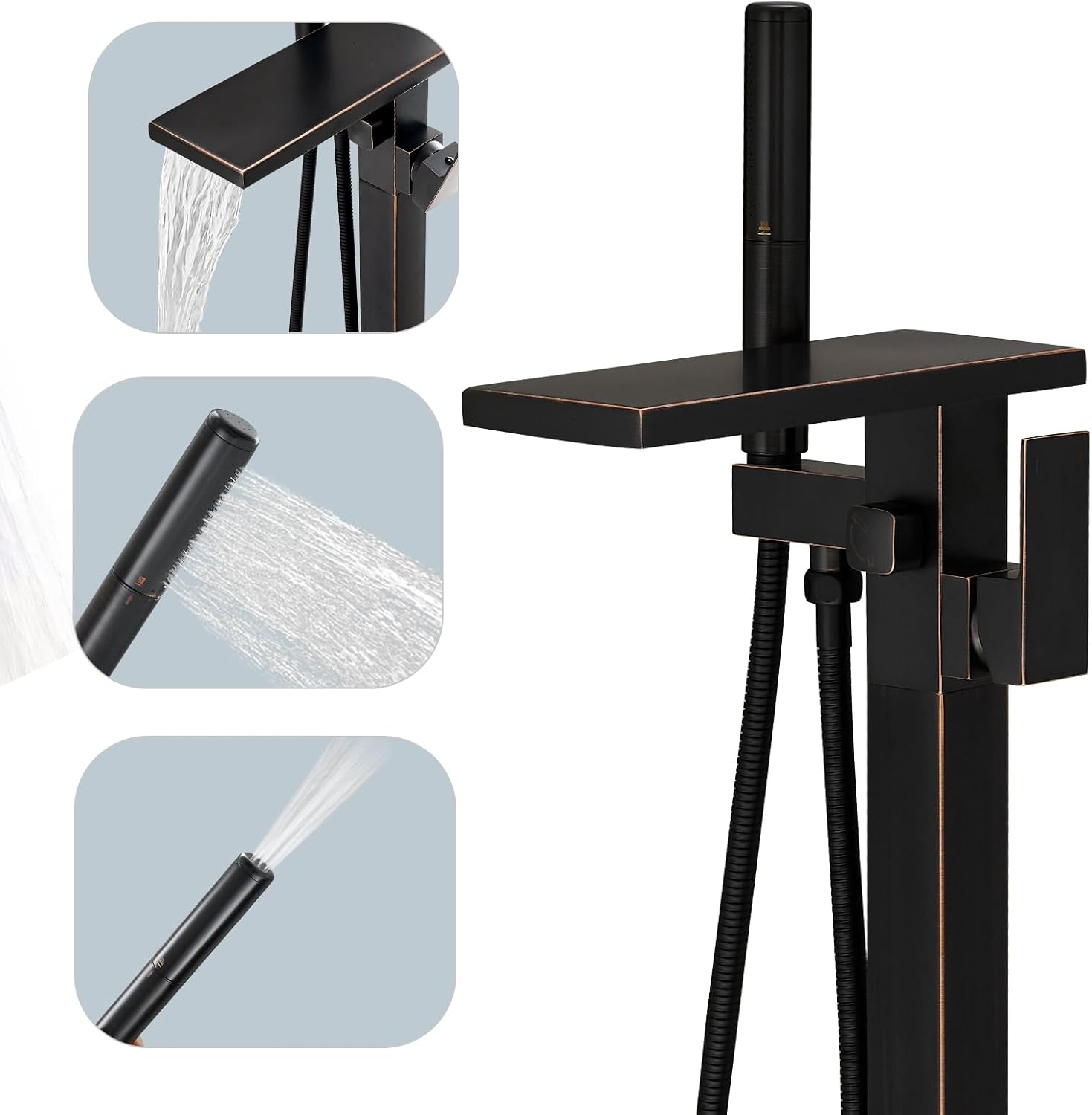 Hoimpro Tub Filler Freestanding Bathtub Faucet Matte Black Floor Mount Tub Faucet Waterfall Free Standing Bathtub Filler High Flow Brass Bath Shower Faucets with Handheld Sprayer