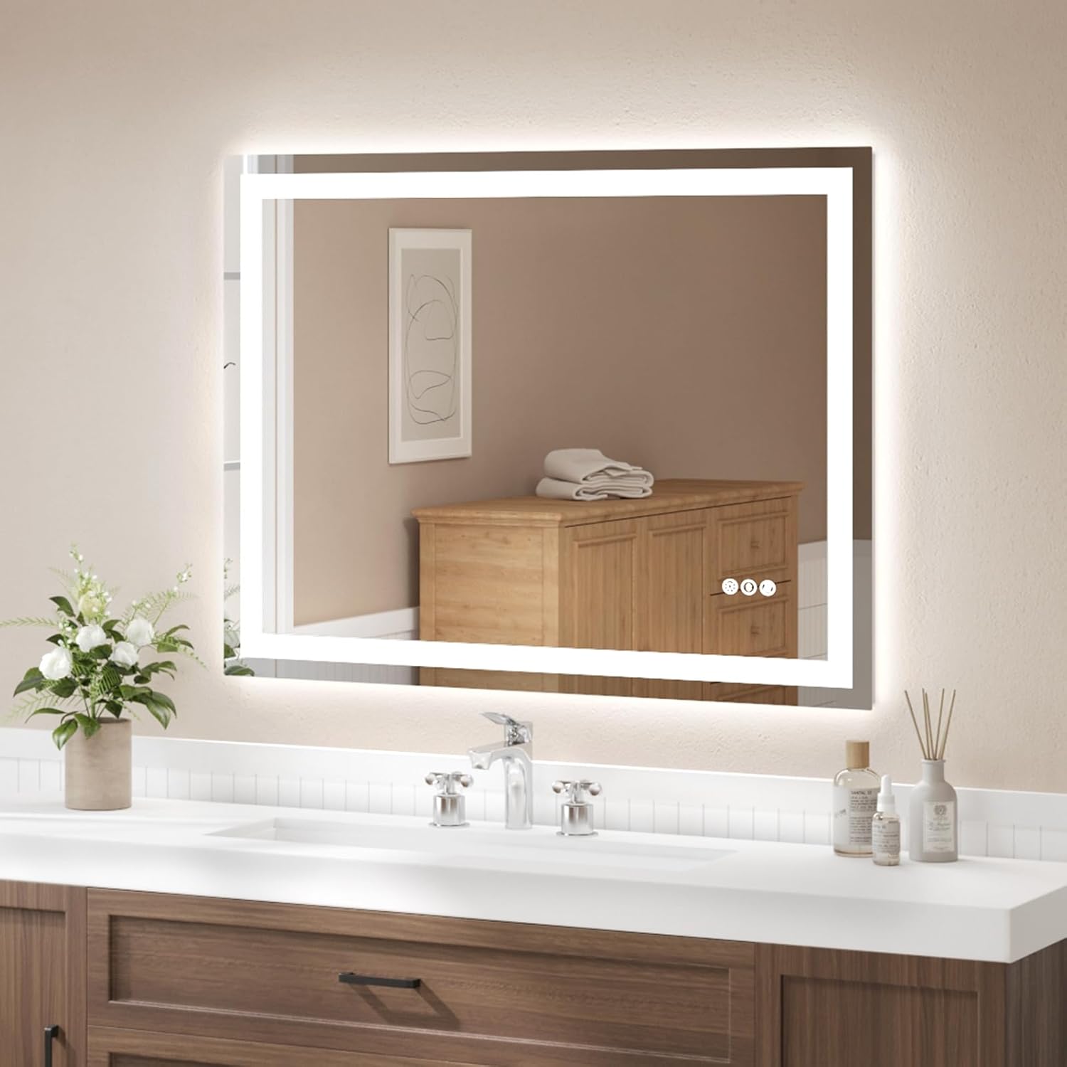 USHOWER LED Bathroom Mirror 24x32 Inch Tempered Glass - Frameless LED Backlit Lighted Mirror for Bathroom Vanity with Anti-Fog, 3 Colors Dimmable, Memory Function, Wall-Mounted