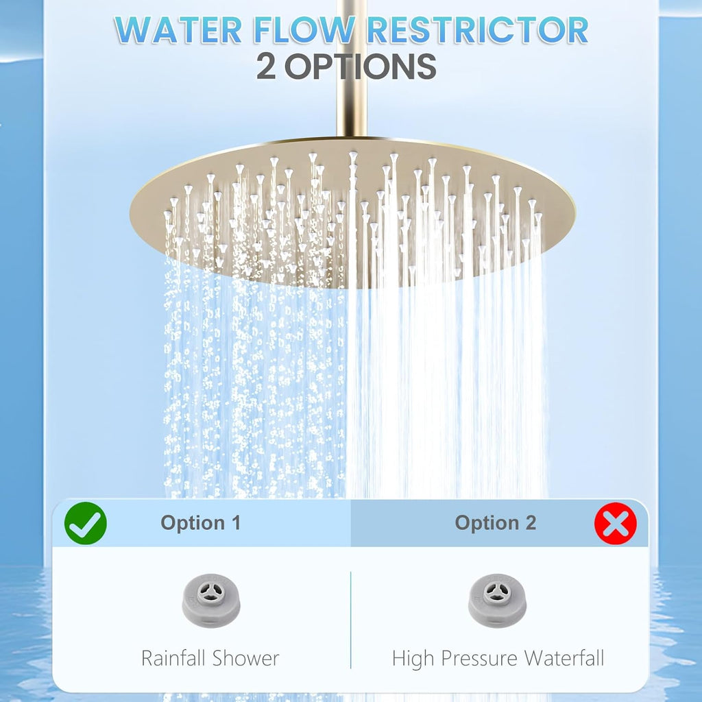 12 inch Brushed Gold Rainfall Shower Head - All Metal Stainless Steel Full Body Round Rain Shower with 120 Silicone Nozzles Modern Bathroom