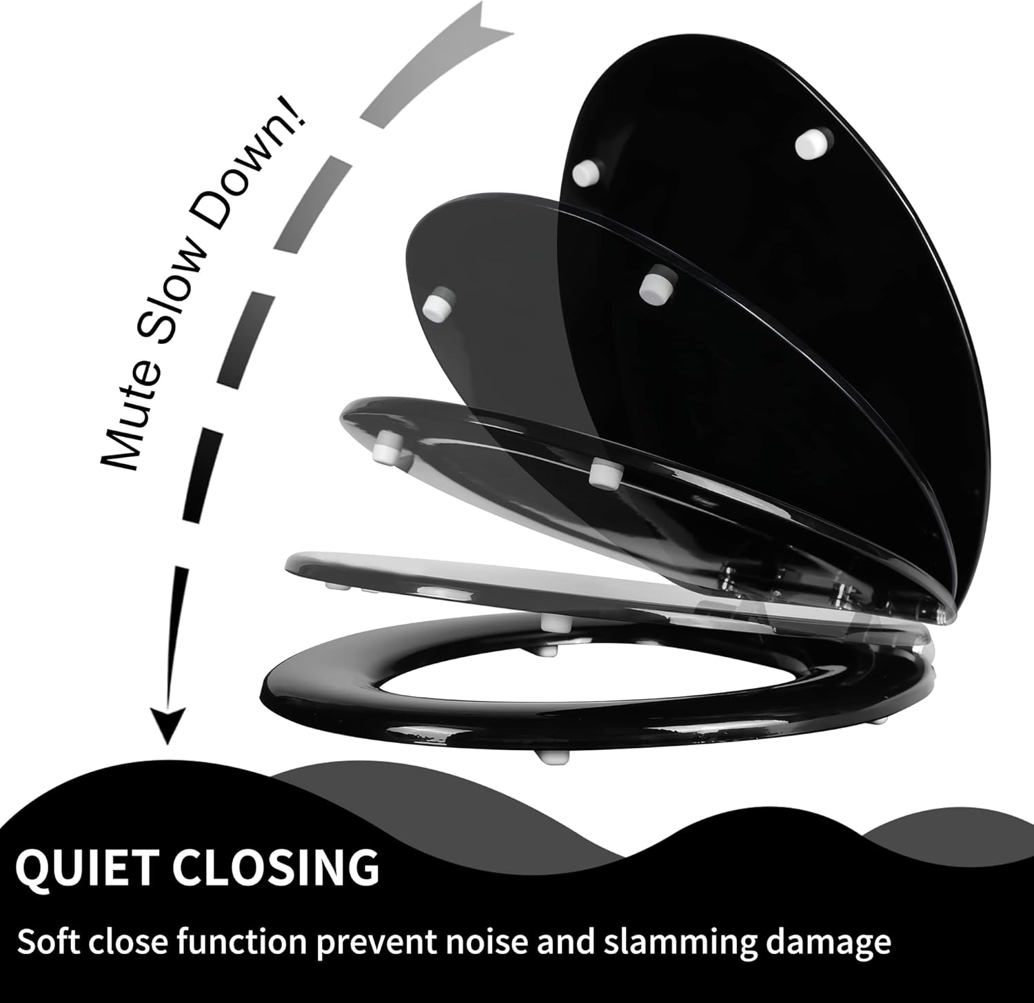 Angel Shield Toilet Seat with Zinc Alloy Hinges Quiet-Close Quick-Release Wood Molded UV Lid Easy Clean(Round,Black)