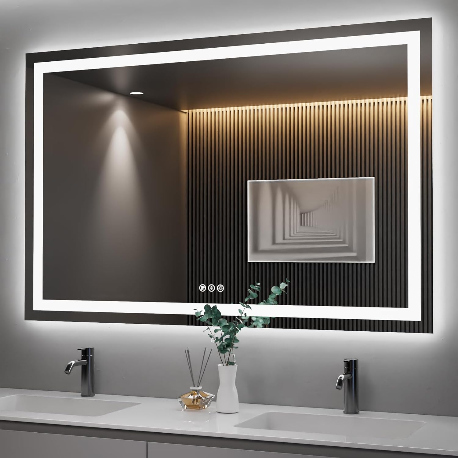 Amorho LED Bathroom Mirror 40"X32" with Front and Backlit, Stepless Dimmable Wall Mirrors with Anti-Fog, Shatter-Proof, Memory, 3 Colors, Double LED Vanity Mirror (Horizontal/Vertical)