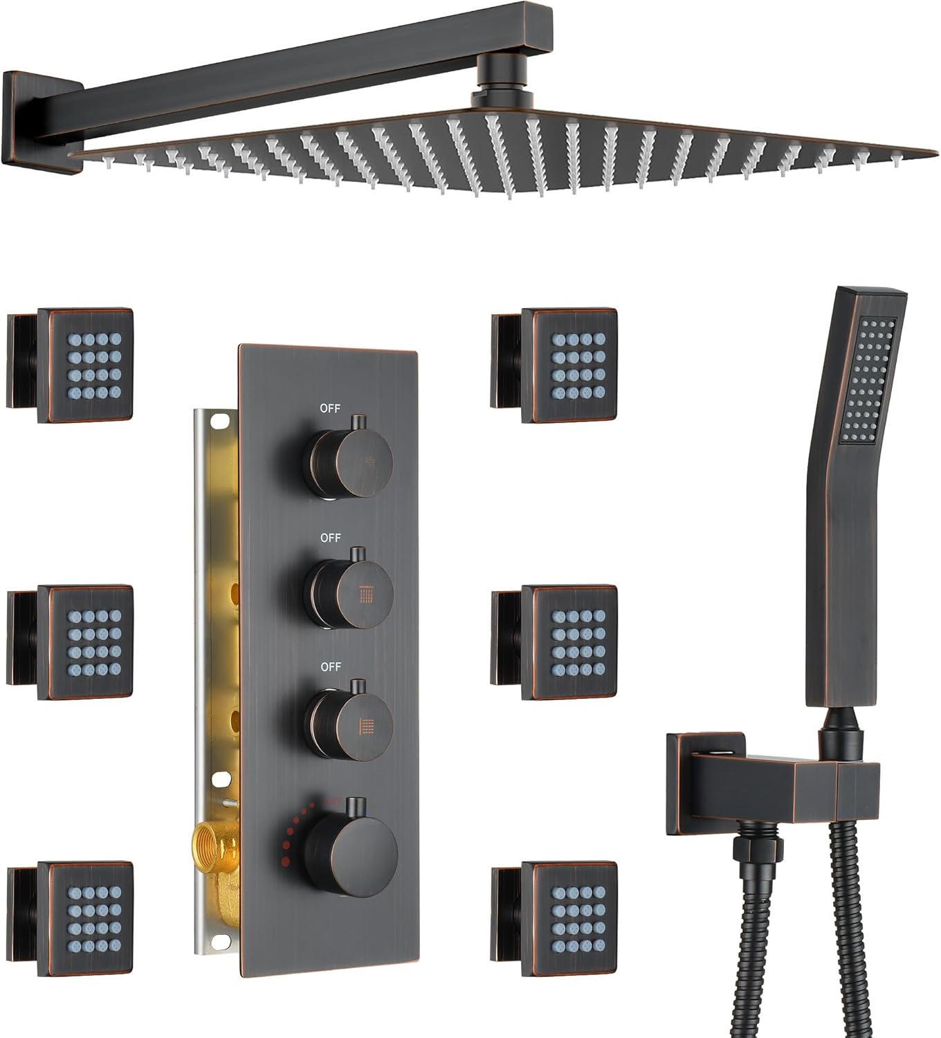 16” Thermostatic Rain Shower System with 6 Body Jets & 16-Inch Rainfall Shower Head, JetsBath Full Body Shower Faucet Sets with Valve & Handheld, Brushed Gold Luxury Wall Mount Shower Faucet Set