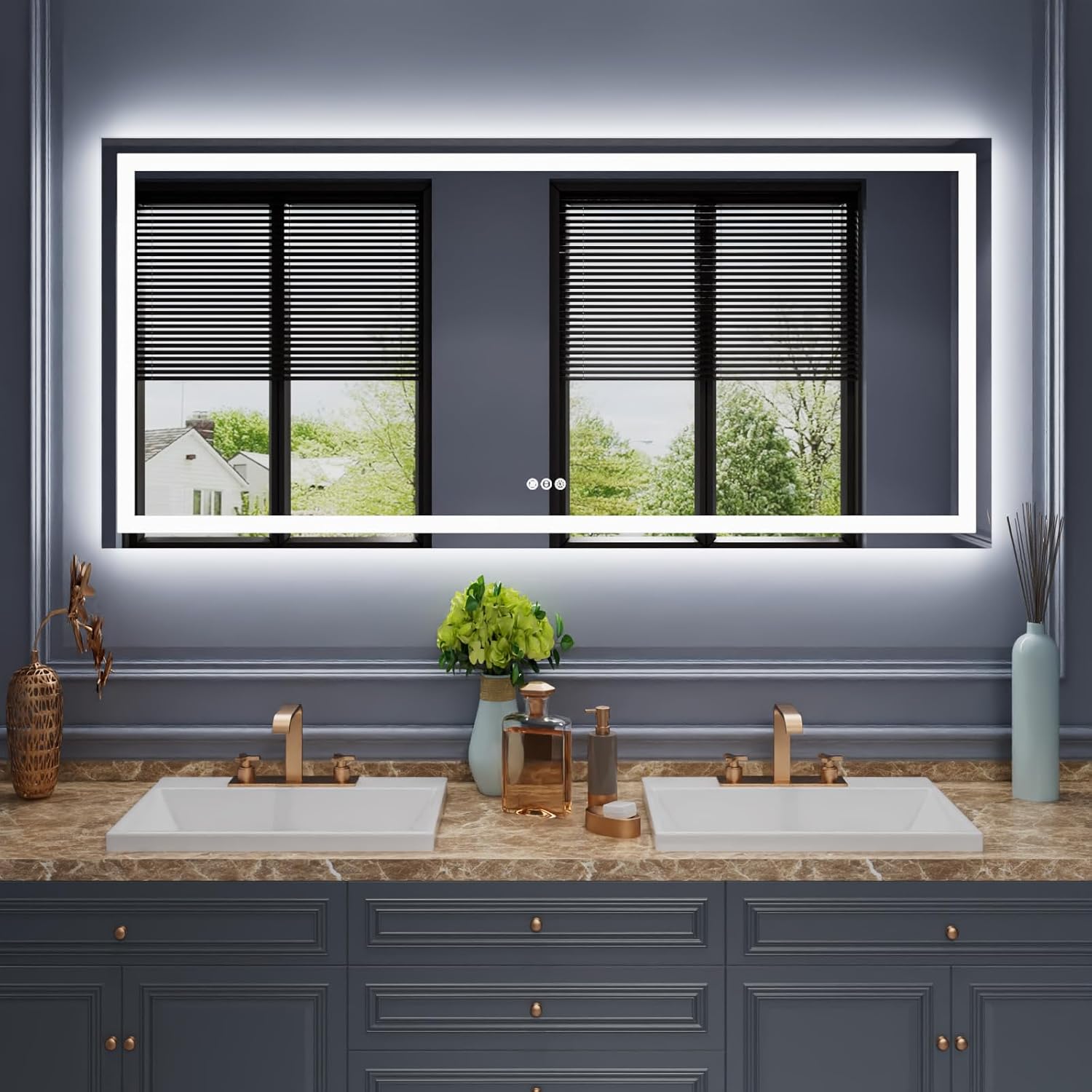 Amorho LED Bathroom Mirror 40"X32" with Front and Backlit, Stepless Dimmable Wall Mirrors with Anti-Fog, Shatter-Proof, Memory, 3 Colors, Double LED Vanity Mirror (Horizontal/Vertical)