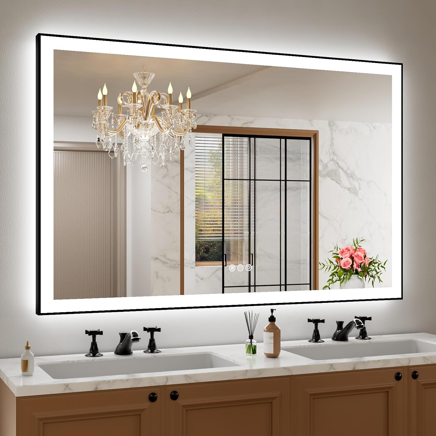 Amorho LED Bathroom Mirror 40"X32" with Front and Backlit, Stepless Dimmable Wall Mirrors with Anti-Fog, Shatter-Proof, Memory, 3 Colors, Double LED Vanity Mirror (Horizontal/Vertical)