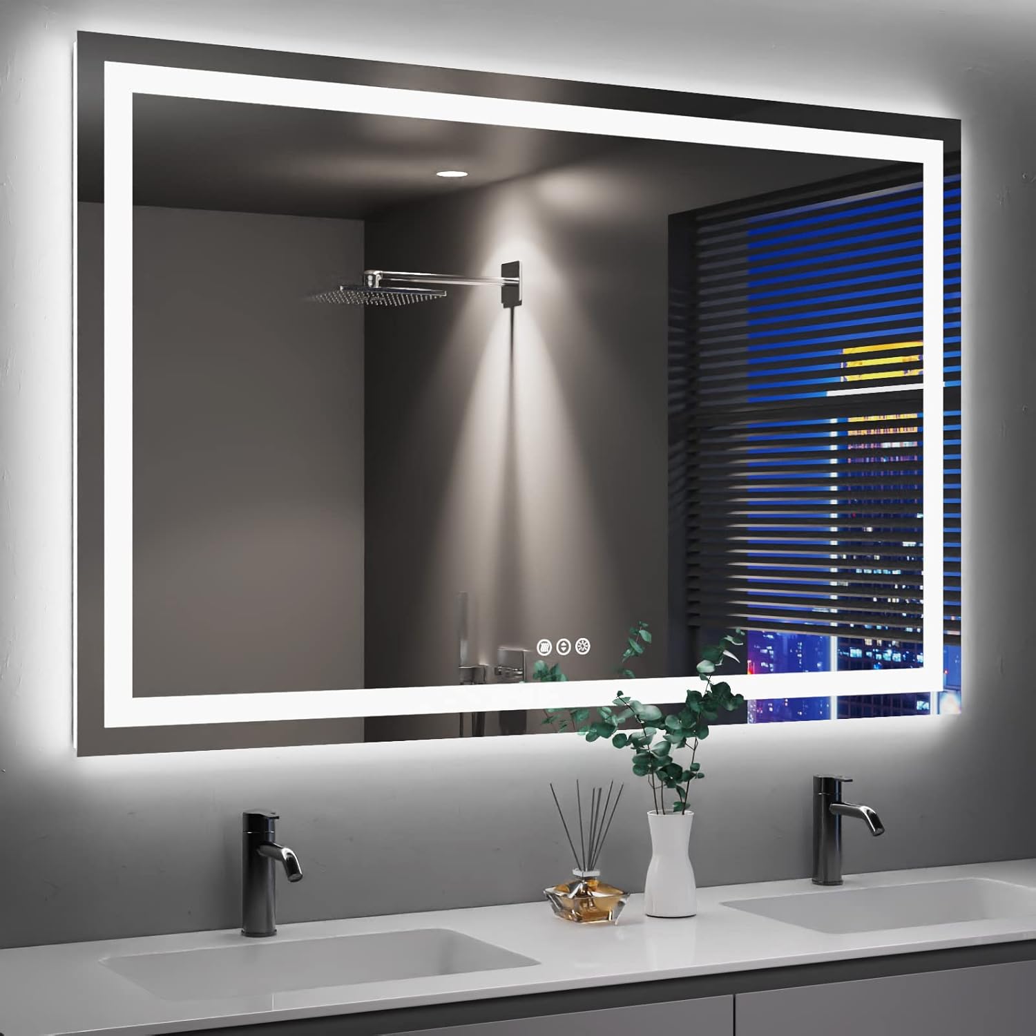 Amorho LED Bathroom Mirror 40"X32" with Front and Backlit, Stepless Dimmable Wall Mirrors with Anti-Fog, Shatter-Proof, Memory, 3 Colors, Double LED Vanity Mirror (Horizontal/Vertical)