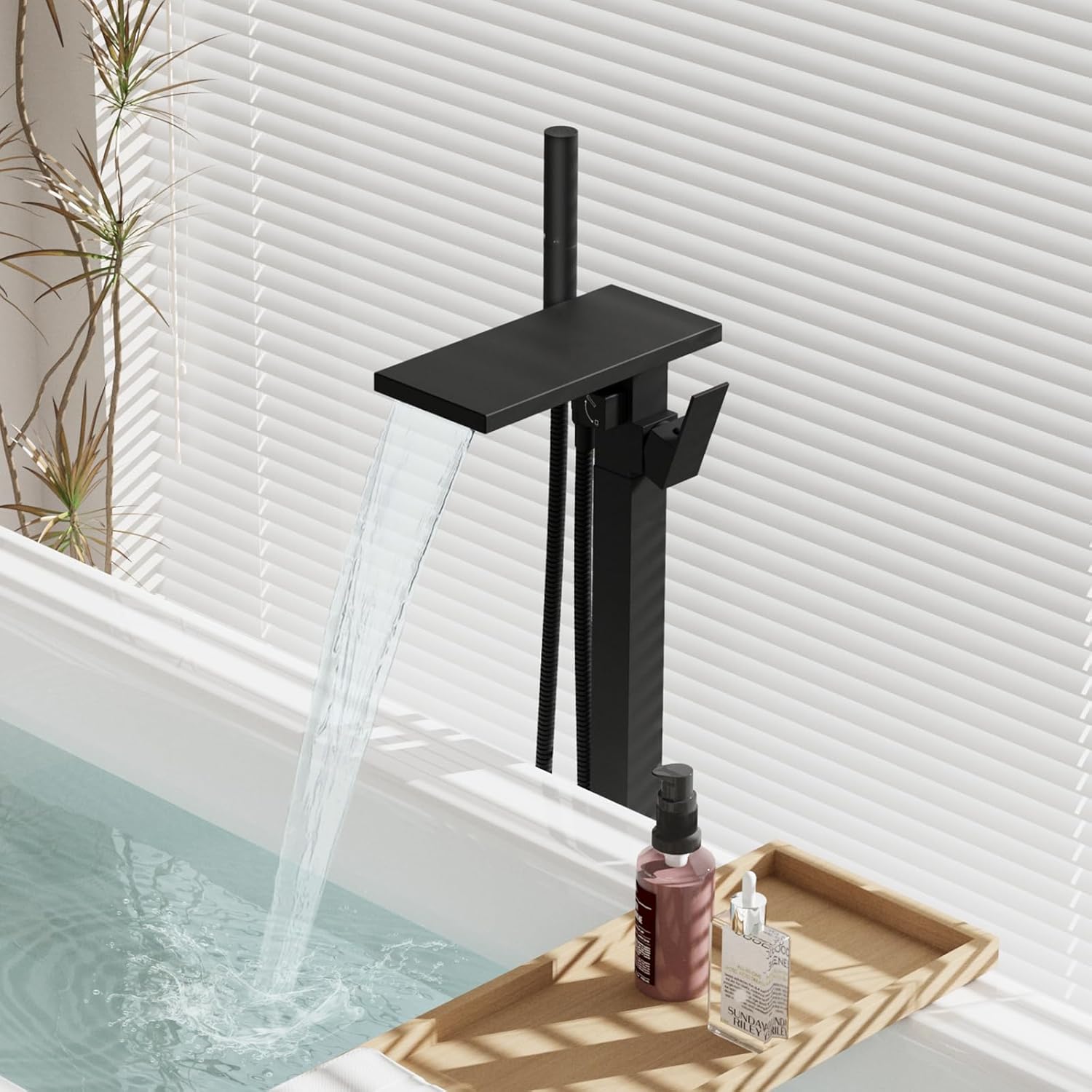 Hoimpro Tub Filler Freestanding Bathtub Faucet Matte Black Floor Mount Tub Faucet Waterfall Free Standing Bathtub Filler High Flow Brass Bath Shower Faucets with Handheld Sprayer