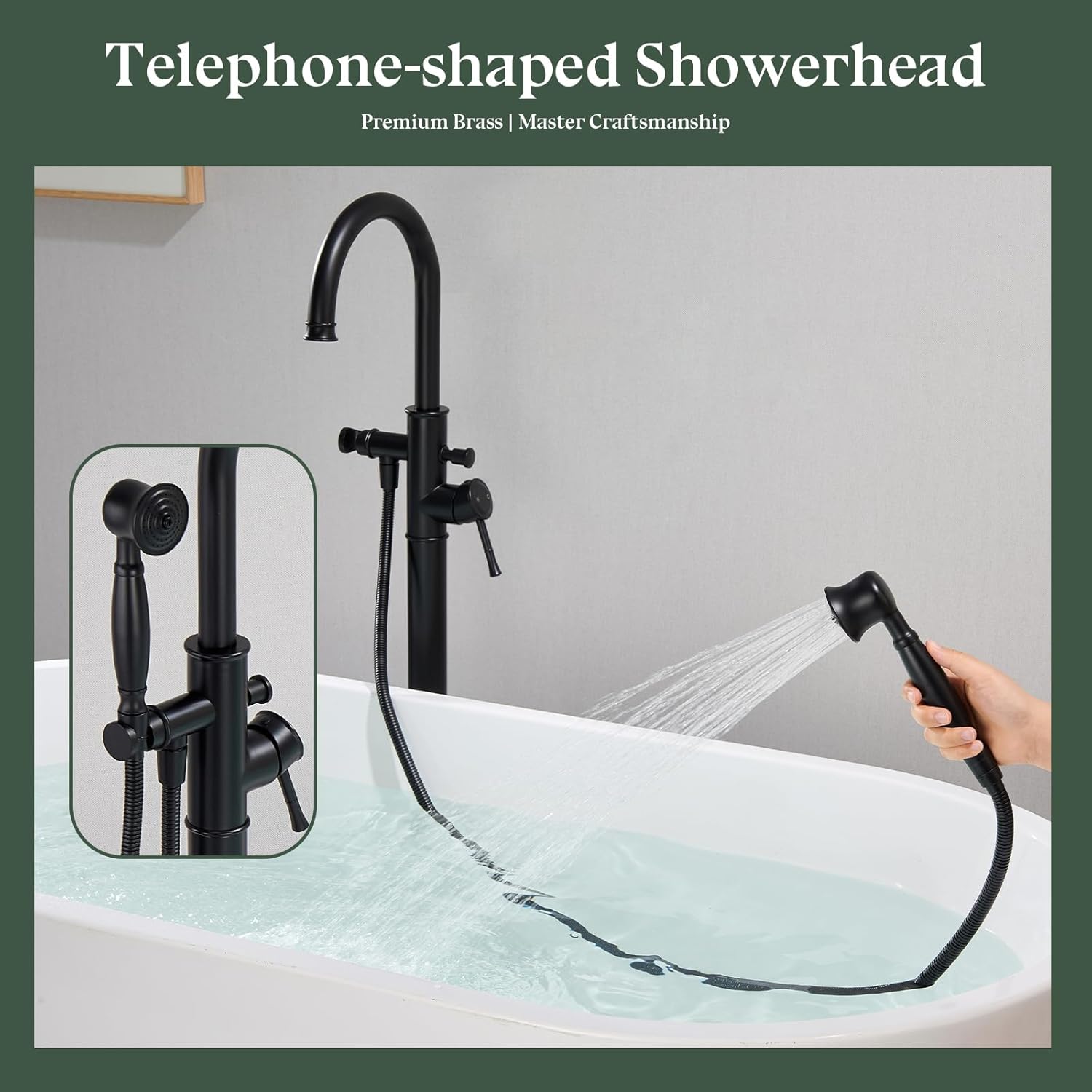 Free Standing Tub Faucet, Wintap Classic Freestanding Bathtub Faucet with Sprayer Brass Elegant Floor Mount Bath Faucets High Flow Roman Tub Filler, Matte Black （WT-3311BK）