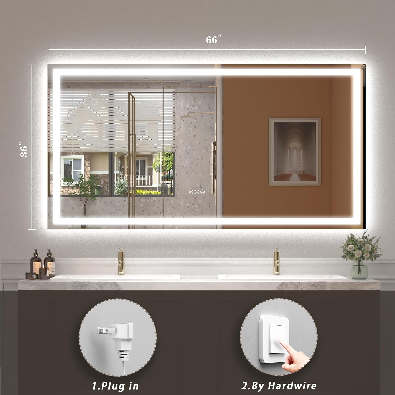 LED Lighted Mirror 66x36 for Bathroom Wall Mounted, Dimmable Vanity Mirror with Lights, Anti-Fog, ETL Listed (Backlit and Front Lighted)