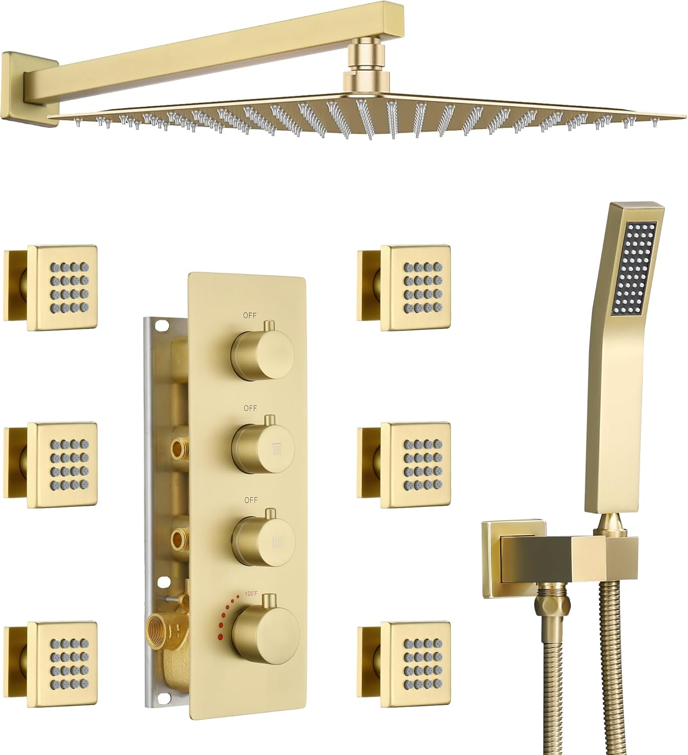 16” Thermostatic Rain Shower System with 6 Body Jets & 16-Inch Rainfall Shower Head, JetsBath Full Body Shower Faucet Sets with Valve & Handheld, Brushed Gold Luxury Wall Mount Shower Faucet Set