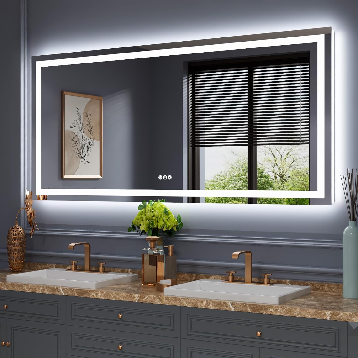 Amorho LED Bathroom Mirror 40"X32" with Front and Backlit, Stepless Dimmable Wall Mirrors with Anti-Fog, Shatter-Proof, Memory, 3 Colors, Double LED Vanity Mirror (Horizontal/Vertical)
