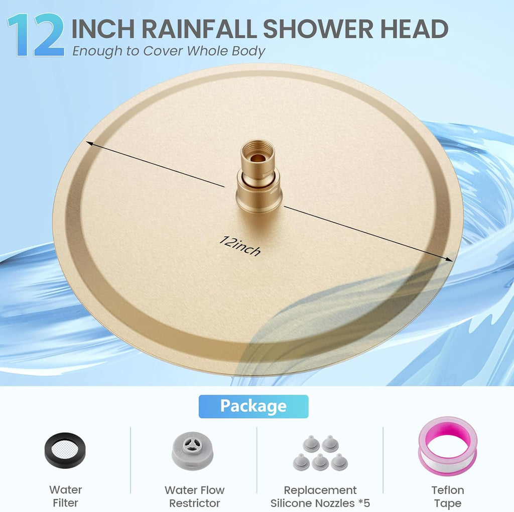 12 inch Brushed Gold Rainfall Shower Head - All Metal Stainless Steel Full Body Round Rain Shower with 120 Silicone Nozzles Modern Bathroom